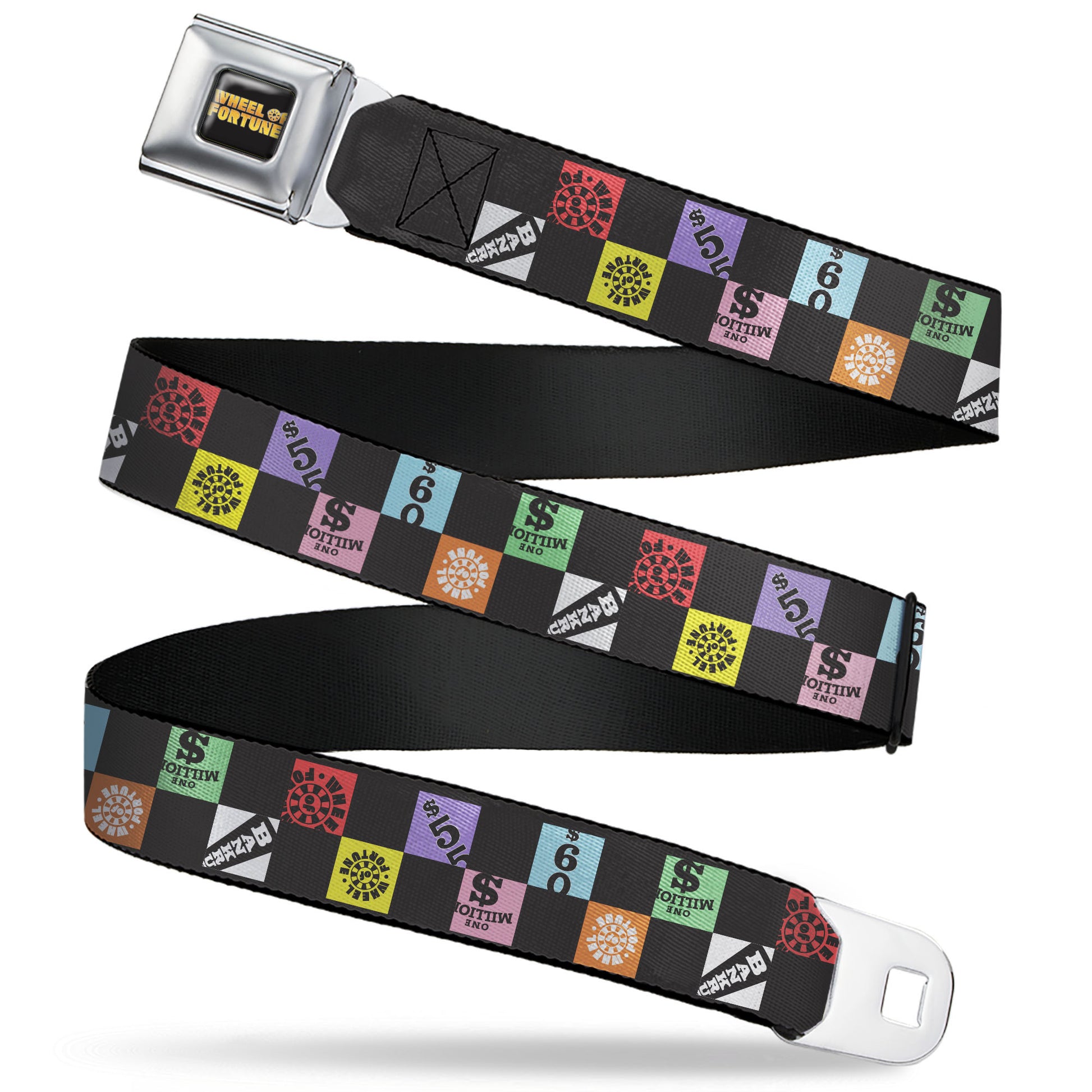 WHEEL OF FORTUNE Title Logo Full Color Black/Yellows Seatbelt Belt - WHEEL OF FORTUNE Checker Icons Black/Multi Color Webbing Seatbelt Belts Wheel of Fortune