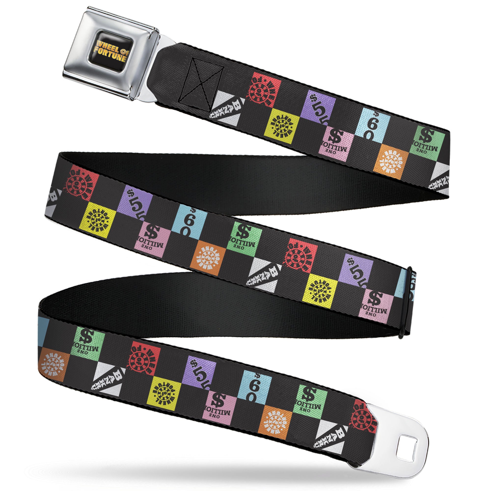 WHEEL OF FORTUNE Title Logo Full Color Black/Yellows Seatbelt Belt - WHEEL OF FORTUNE Checker Icons Black/Multi Color Webbing Seatbelt Belts Wheel of Fortune