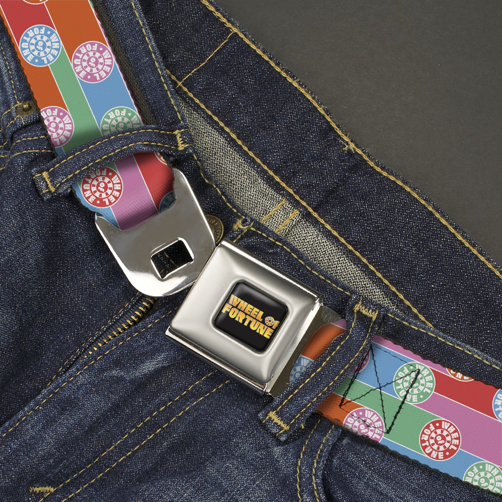 WHEEL OF FORTUNE Title Logo Full Color Black/Yellows Seatbelt Belt - WHEEL OF FORTUNE Wheels Collage Multi Color Webbing Seatbelt Belts Wheel of Fortune