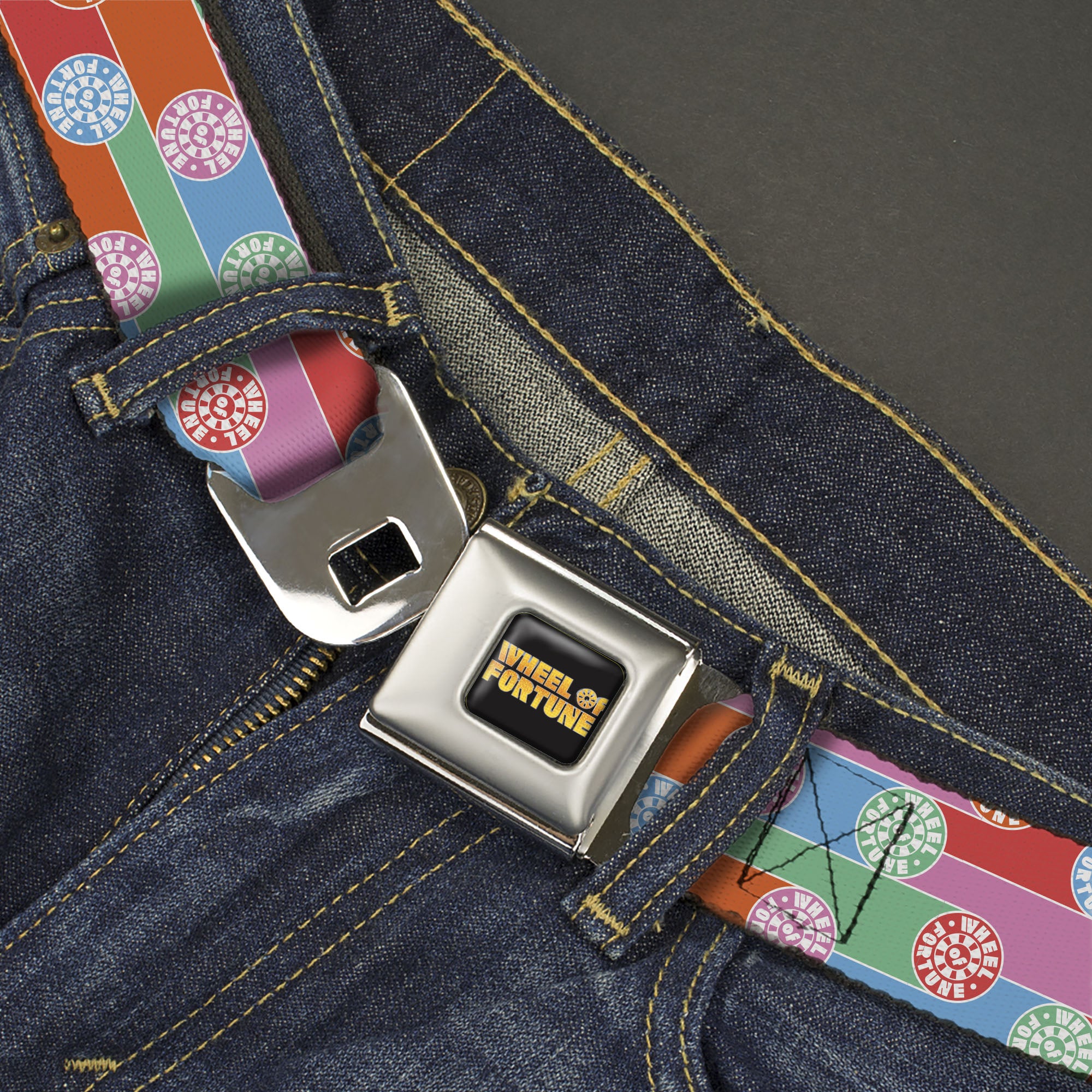 WHEEL OF FORTUNE Title Logo Full Color Black/Yellows Seatbelt Belt - WHEEL OF FORTUNE Wheels Collage Multi Color Webbing Seatbelt Belts Wheel of Fortune
