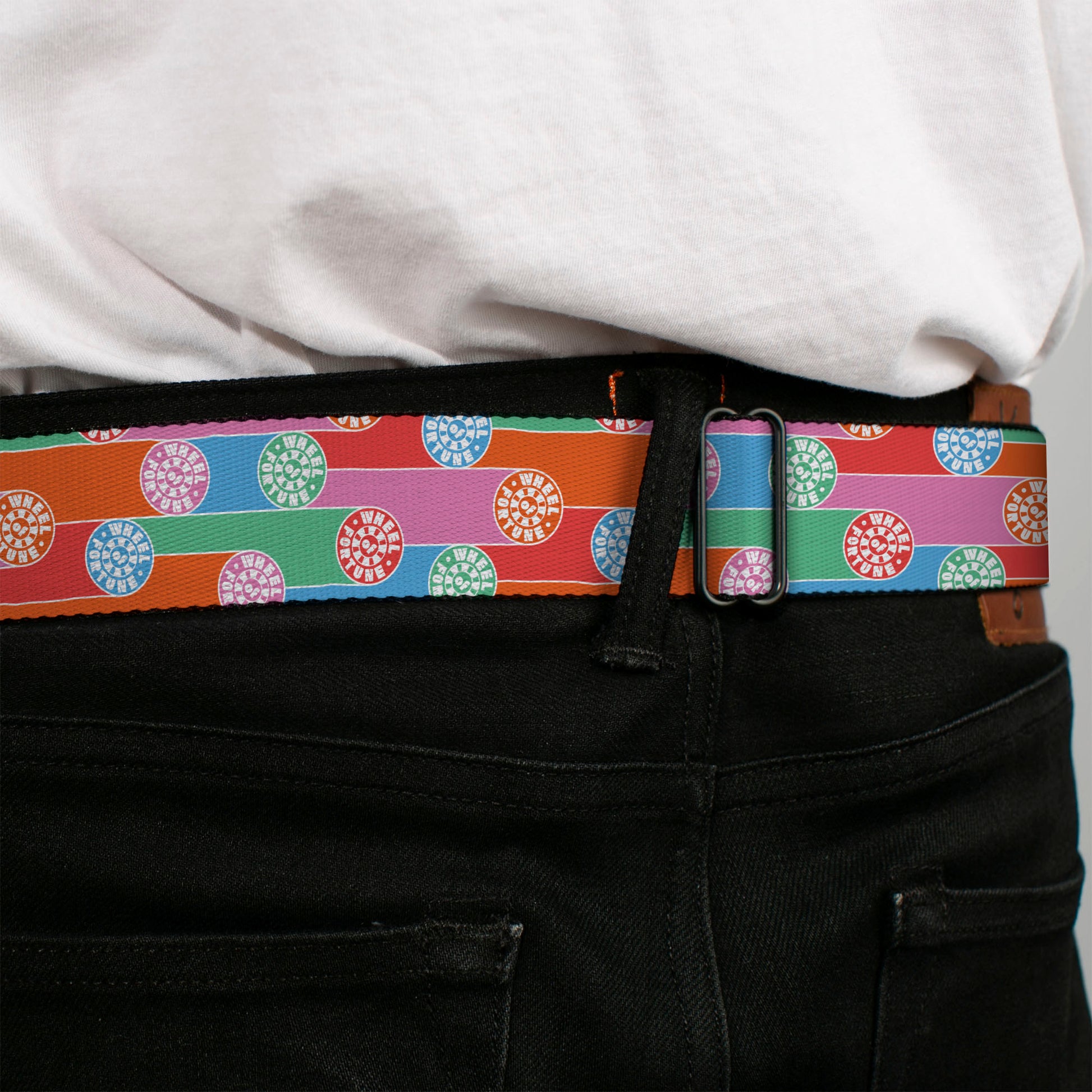 WHEEL OF FORTUNE Title Logo Full Color Black/Yellows Seatbelt Belt - WHEEL OF FORTUNE Wheels Collage Multi Color Webbing Seatbelt Belts Wheel of Fortune