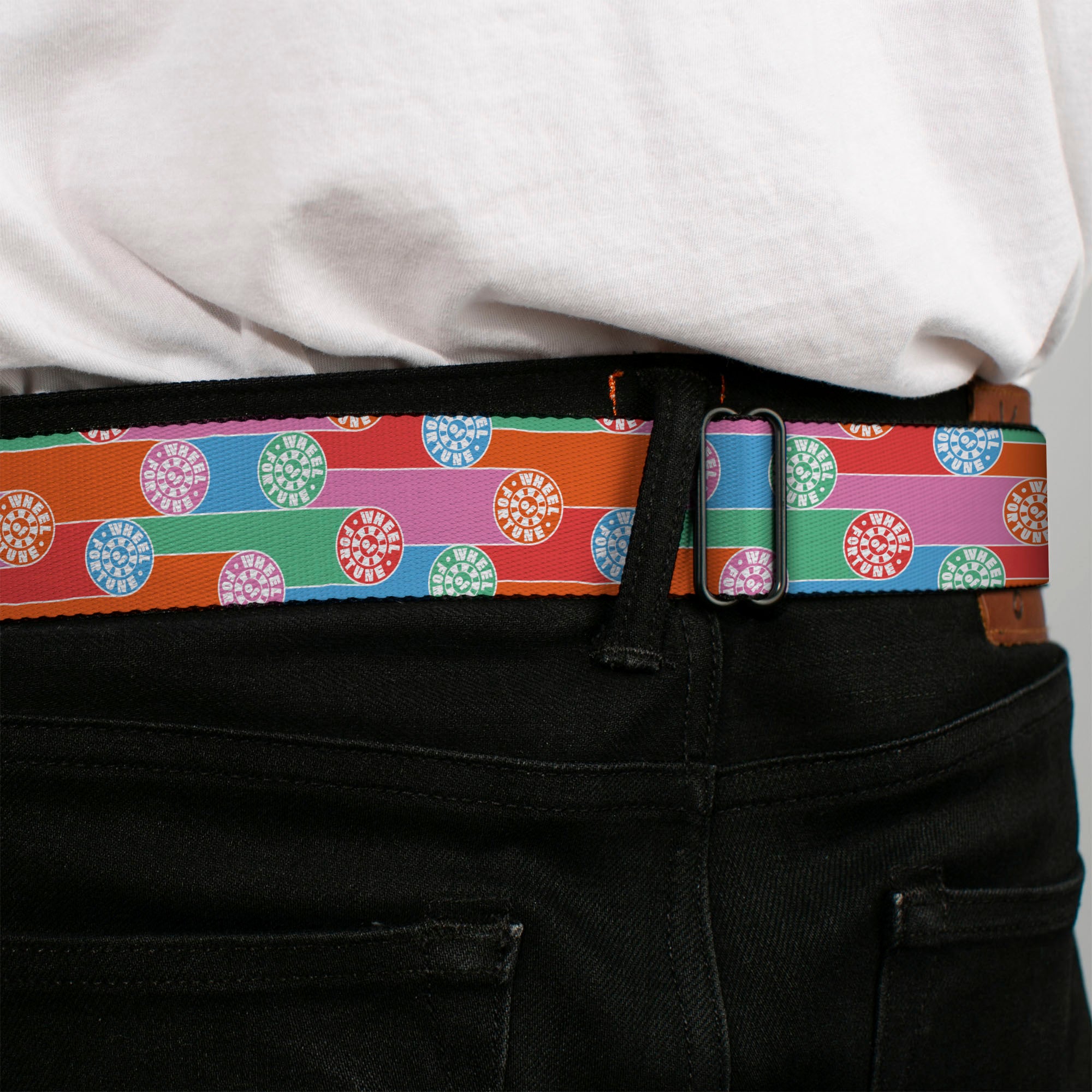 WHEEL OF FORTUNE Title Logo Full Color Black/Yellows Seatbelt Belt - WHEEL OF FORTUNE Wheels Collage Multi Color Webbing Seatbelt Belts Wheel of Fortune