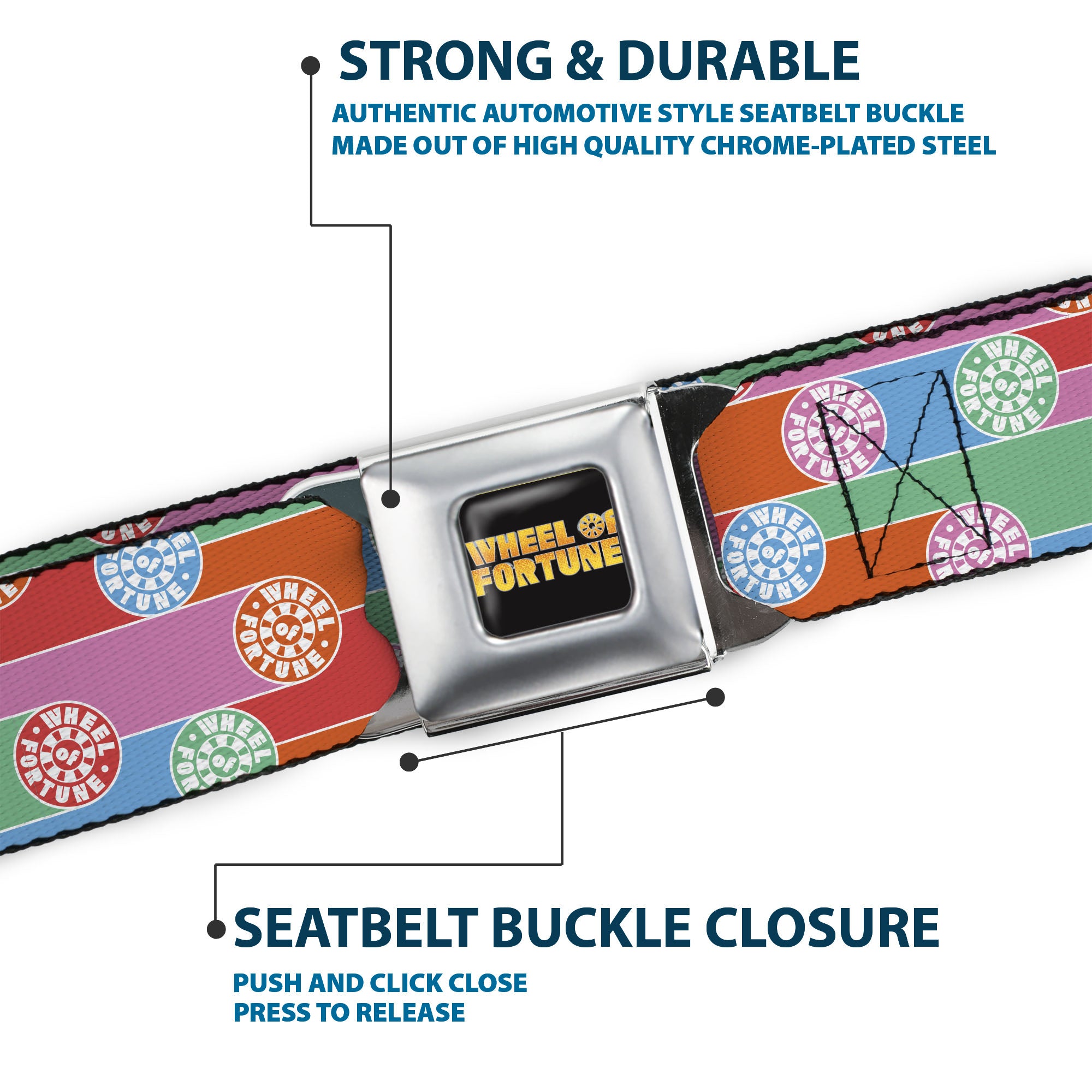 WHEEL OF FORTUNE Title Logo Full Color Black/Yellows Seatbelt Belt - WHEEL OF FORTUNE Wheels Collage Multi Color Webbing Seatbelt Belts Wheel of Fortune