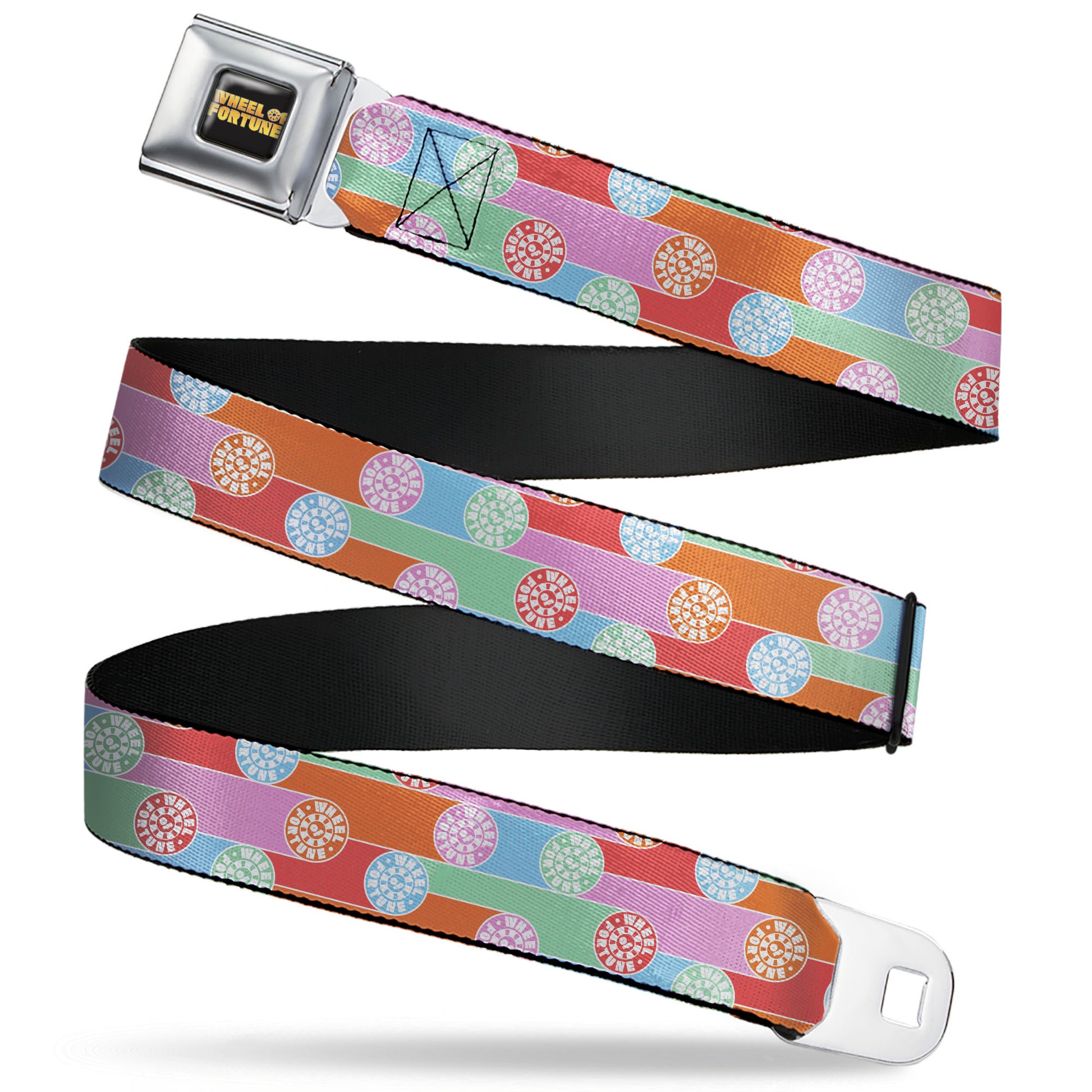 WHEEL OF FORTUNE Title Logo Full Color Black/Yellows Seatbelt Belt - WHEEL OF FORTUNE Wheels Collage Multi Color Webbing Seatbelt Belts Wheel of Fortune