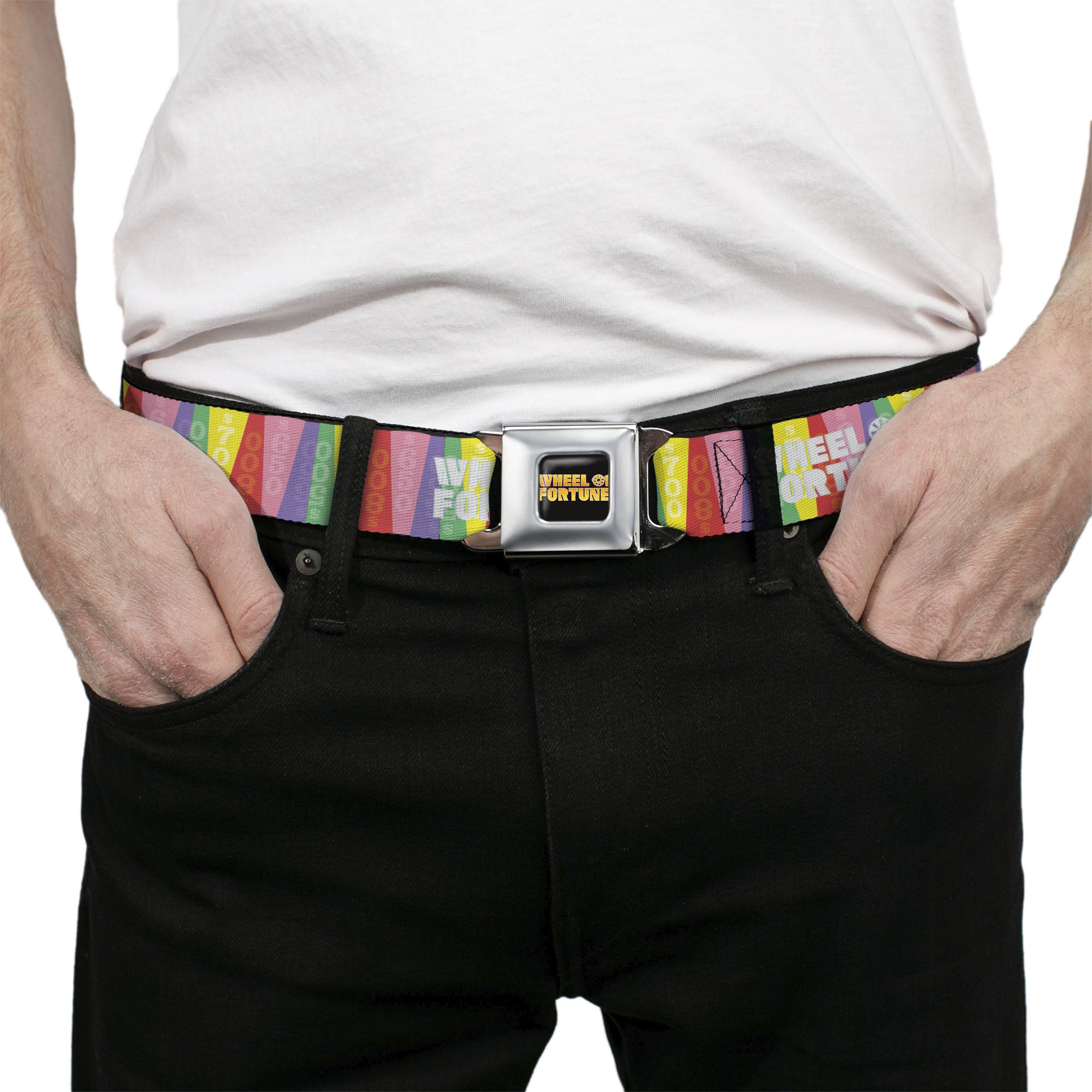WHEEL OF FORTUNE Title Logo Full Color Black/Yellows Seatbelt Belt - WHEEL OF FORTUNE Cash Prize Wedges Multi Color/White Webbing Seatbelt Belts Wheel of Fortune