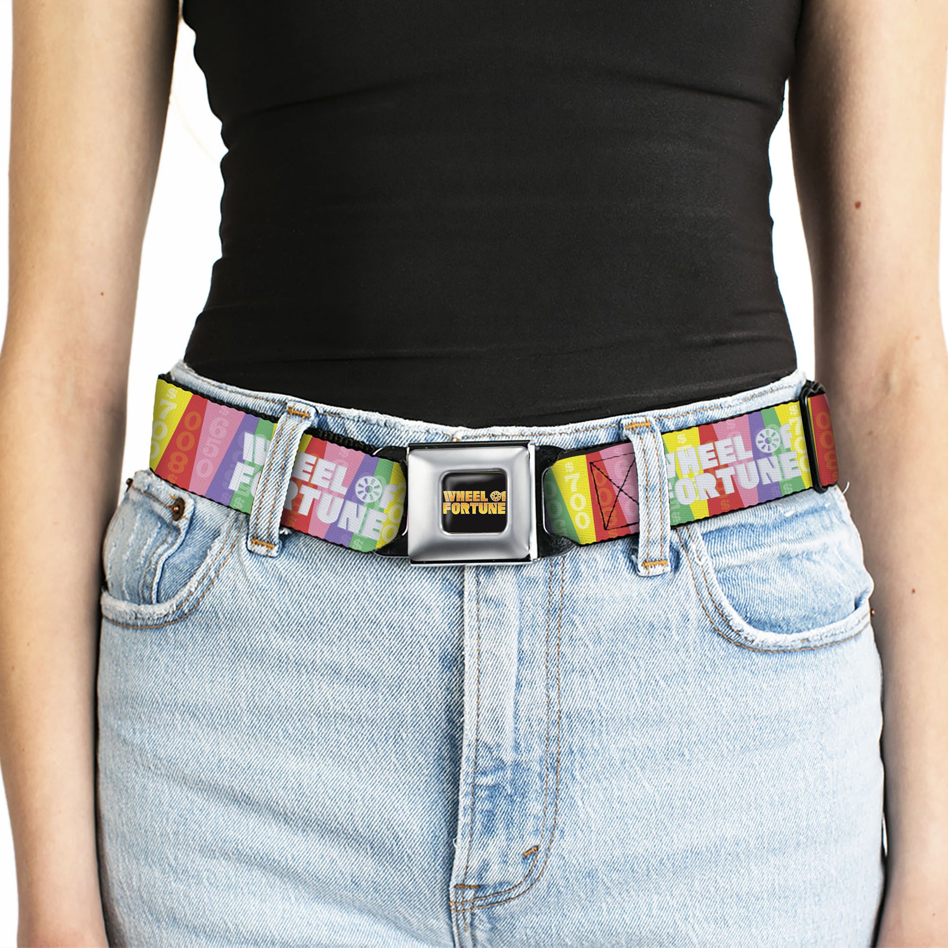 WHEEL OF FORTUNE Title Logo Full Color Black/Yellows Seatbelt Belt - WHEEL OF FORTUNE Cash Prize Wedges Multi Color/White Webbing Seatbelt Belts Wheel of Fortune