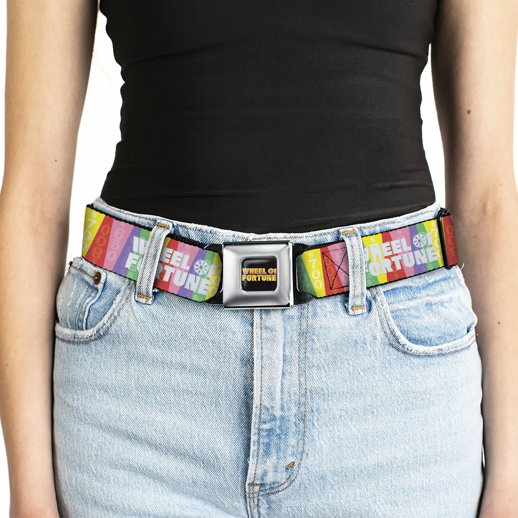 WHEEL OF FORTUNE Title Logo Full Color Black/Yellows Seatbelt Belt - WHEEL OF FORTUNE Cash Prize Wedges Multi Color/White Webbing Seatbelt Belts Wheel of Fortune