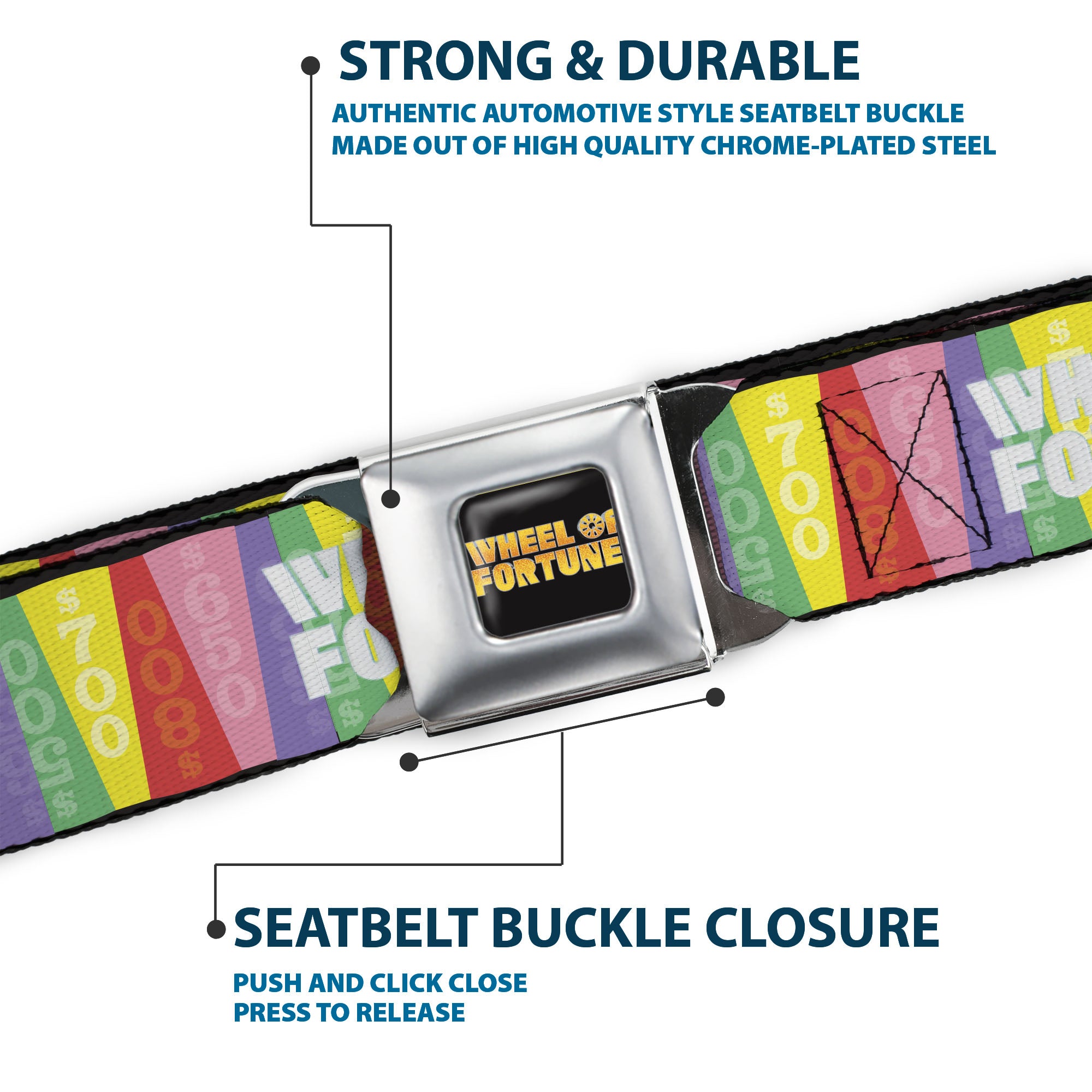 WHEEL OF FORTUNE Title Logo Full Color Black/Yellows Seatbelt Belt - WHEEL OF FORTUNE Cash Prize Wedges Multi Color/White Webbing Seatbelt Belts Wheel of Fortune