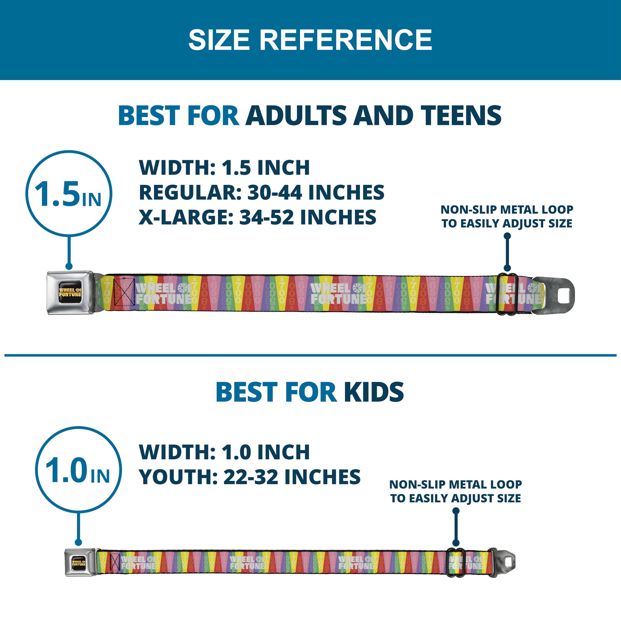 WHEEL OF FORTUNE Title Logo Full Color Black/Yellows Seatbelt Belt - WHEEL OF FORTUNE Cash Prize Wedges Multi Color/White Webbing Seatbelt Belts Wheel of Fortune