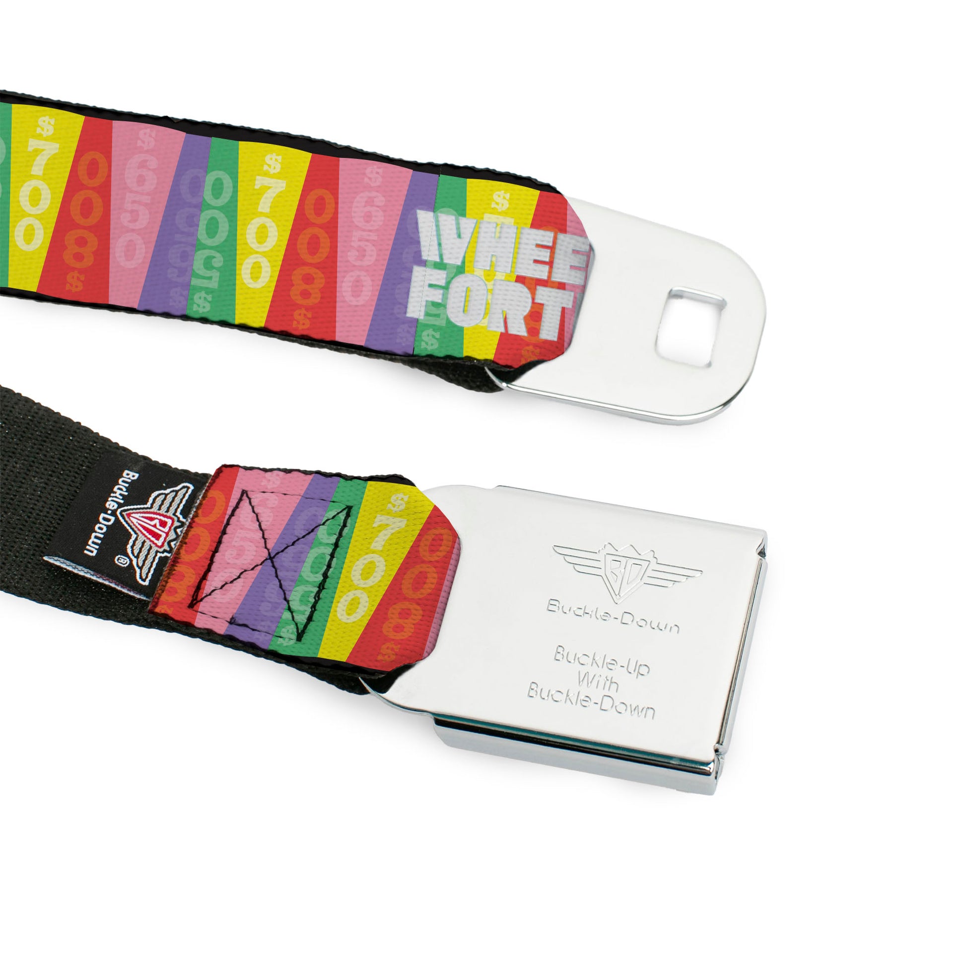 WHEEL OF FORTUNE Title Logo Full Color Black/Yellows Seatbelt Belt - WHEEL OF FORTUNE Cash Prize Wedges Multi Color/White Webbing Seatbelt Belts Wheel of Fortune