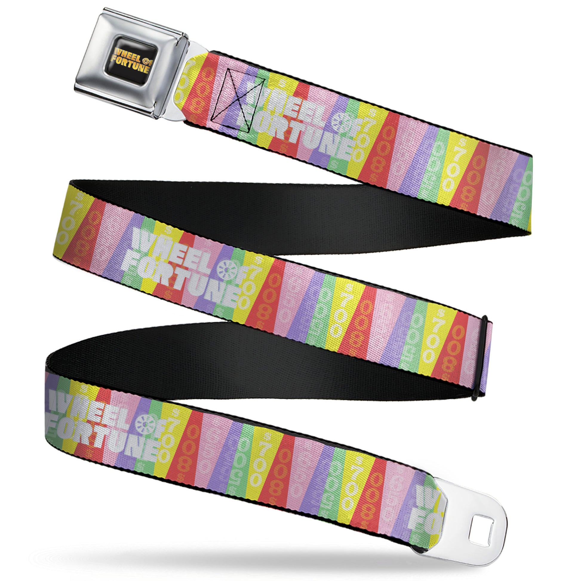 WHEEL OF FORTUNE Title Logo Full Color Black/Yellows Seatbelt Belt - WHEEL OF FORTUNE Cash Prize Wedges Multi Color/White Webbing Seatbelt Belts Wheel of Fortune