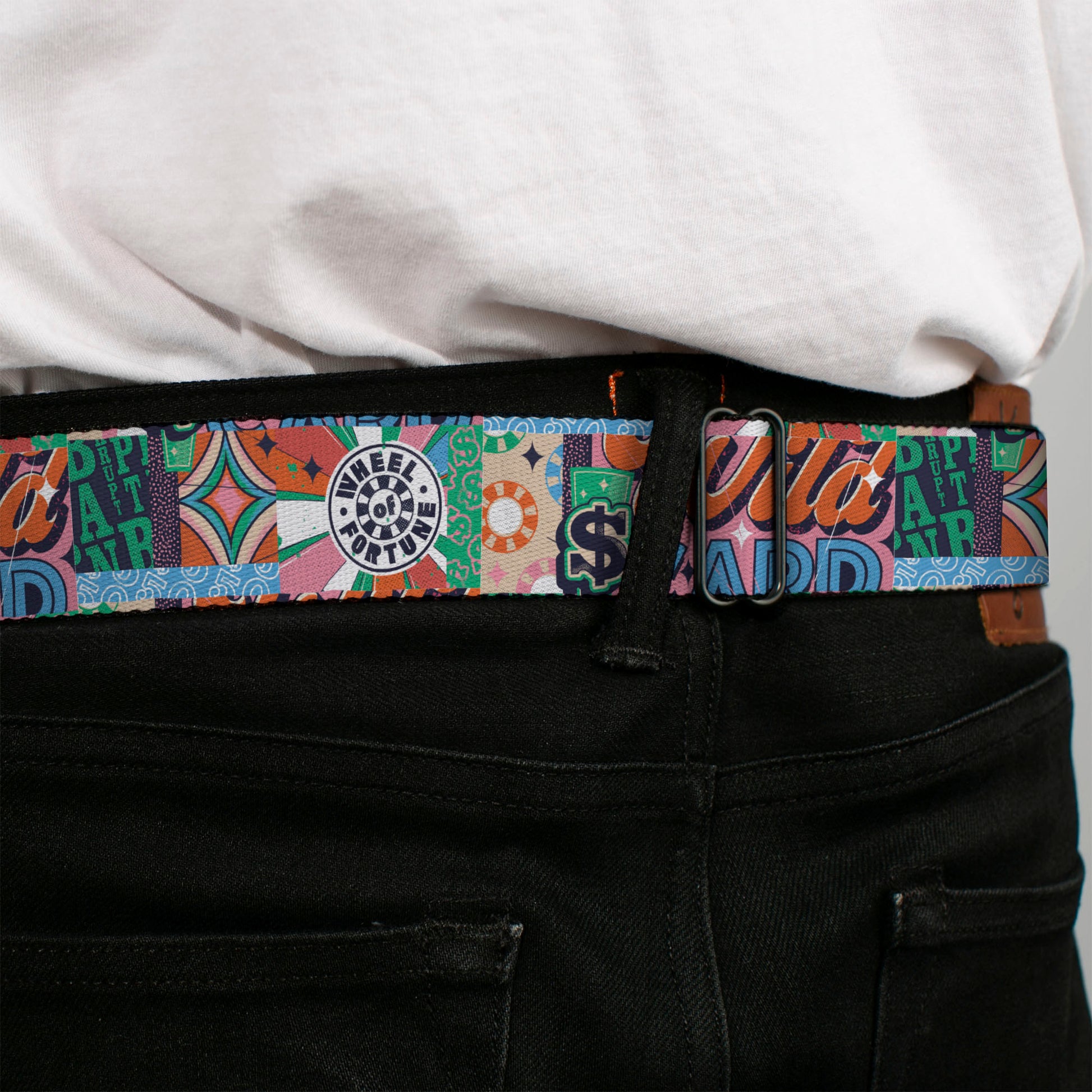 WHEEL OF FORTUNE Title Logo Full Color Black/Yellows Seatbelt Belt - WHEEL OF FORTUNE Logo and WILD CARD Collage Multi Color Webbing Seatbelt Belts Wheel of Fortune