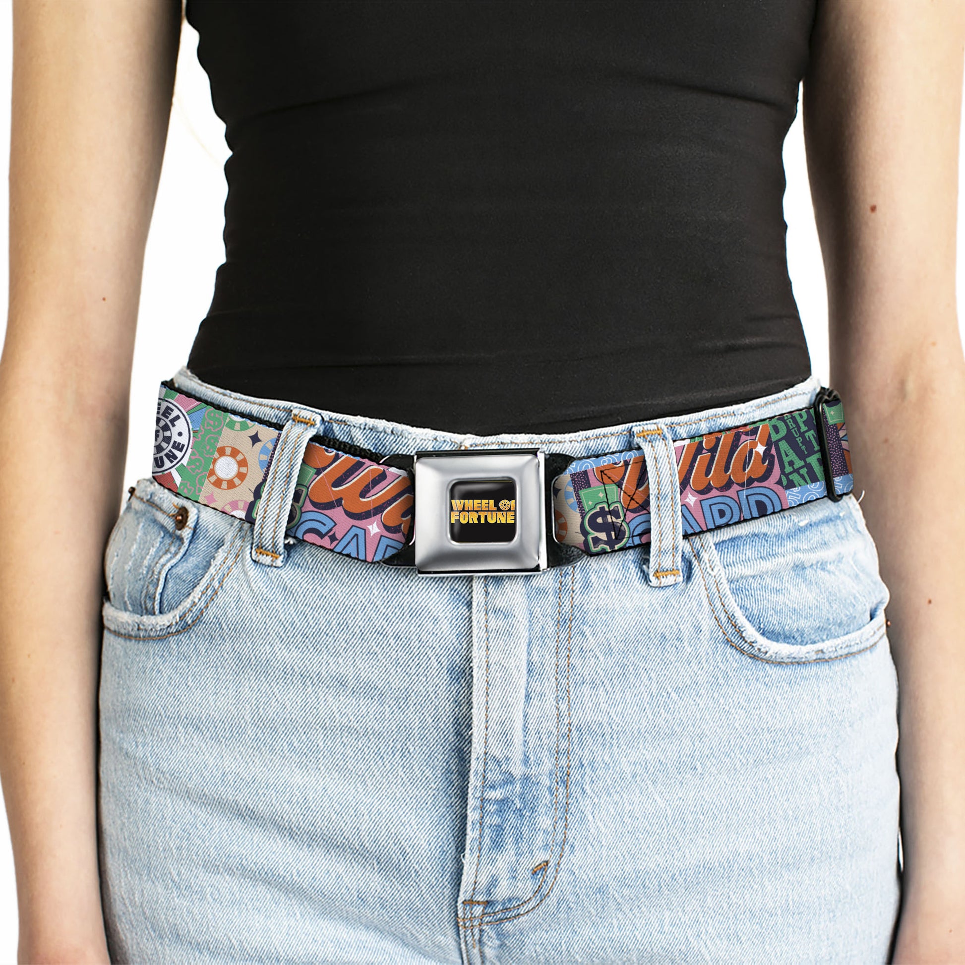 WHEEL OF FORTUNE Title Logo Full Color Black/Yellows Seatbelt Belt - WHEEL OF FORTUNE Logo and WILD CARD Collage Multi Color Webbing Seatbelt Belts Wheel of Fortune