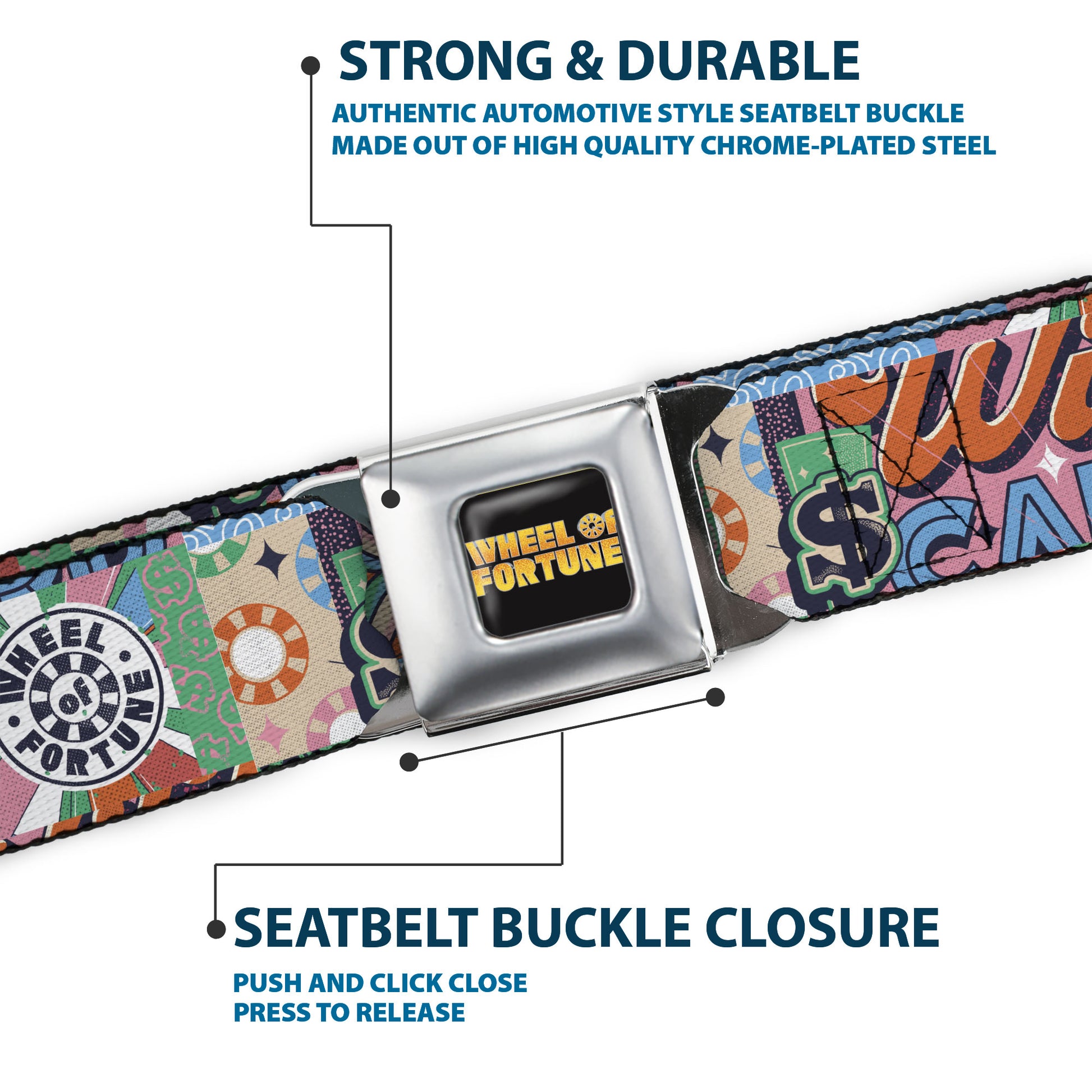 WHEEL OF FORTUNE Title Logo Full Color Black/Yellows Seatbelt Belt - WHEEL OF FORTUNE Logo and WILD CARD Collage Multi Color Webbing Seatbelt Belts Wheel of Fortune