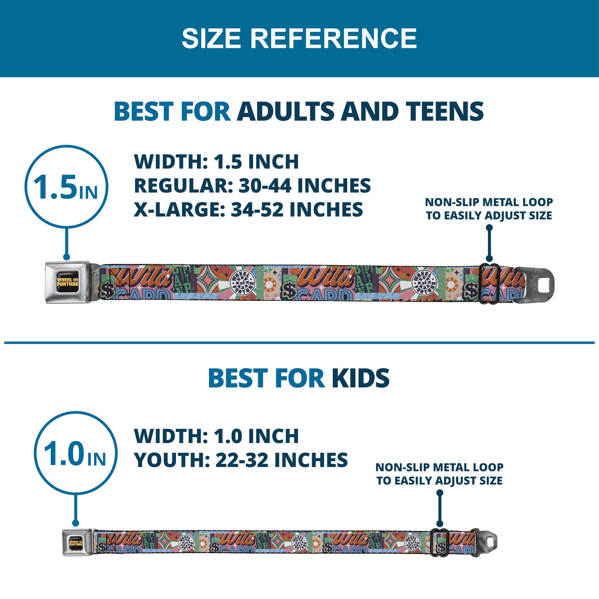 WHEEL OF FORTUNE Title Logo Full Color Black/Yellows Seatbelt Belt - WHEEL OF FORTUNE Logo and WILD CARD Collage Multi Color Webbing Seatbelt Belts Wheel of Fortune