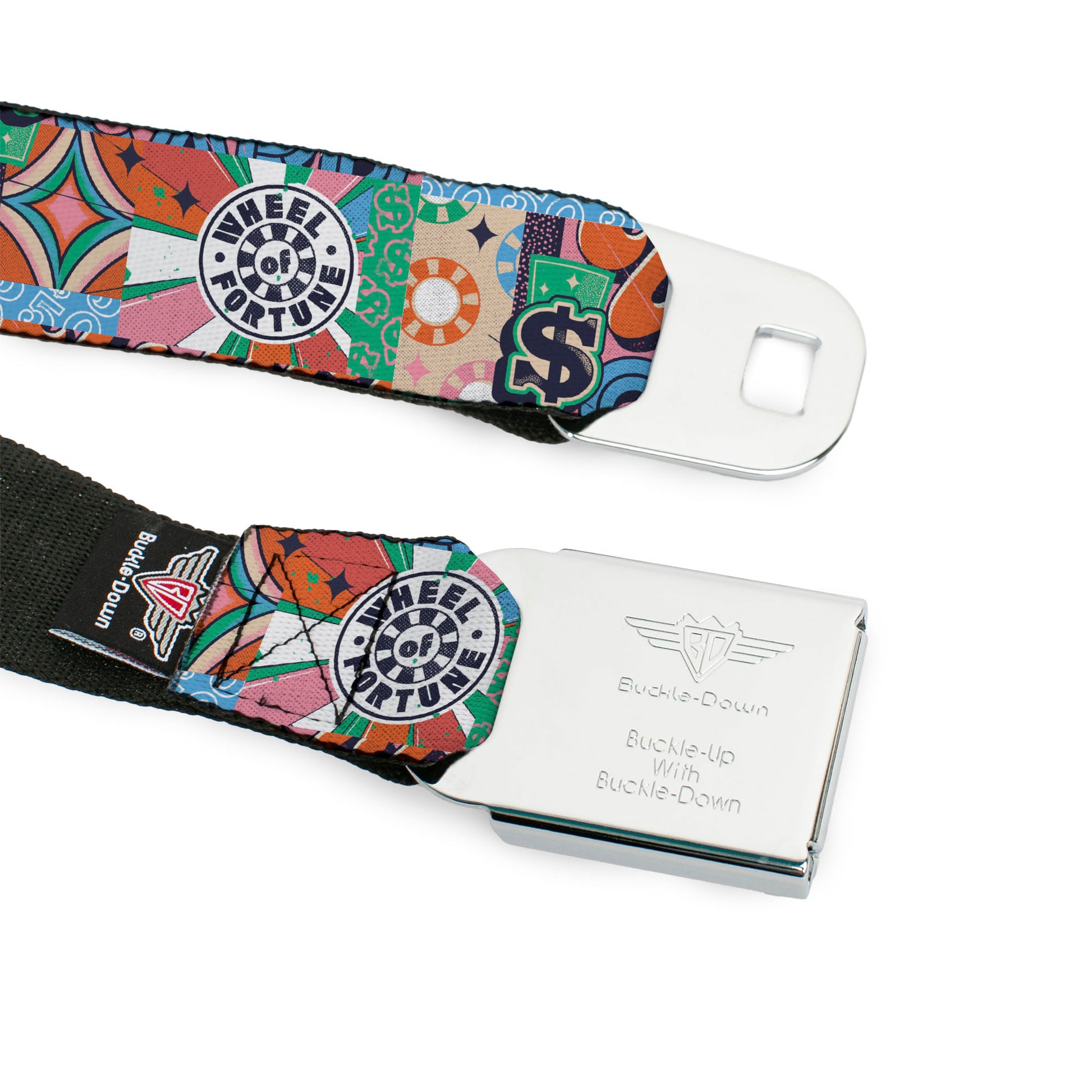 WHEEL OF FORTUNE Title Logo Full Color Black/Yellows Seatbelt Belt - WHEEL OF FORTUNE Logo and WILD CARD Collage Multi Color Webbing Seatbelt Belts Wheel of Fortune