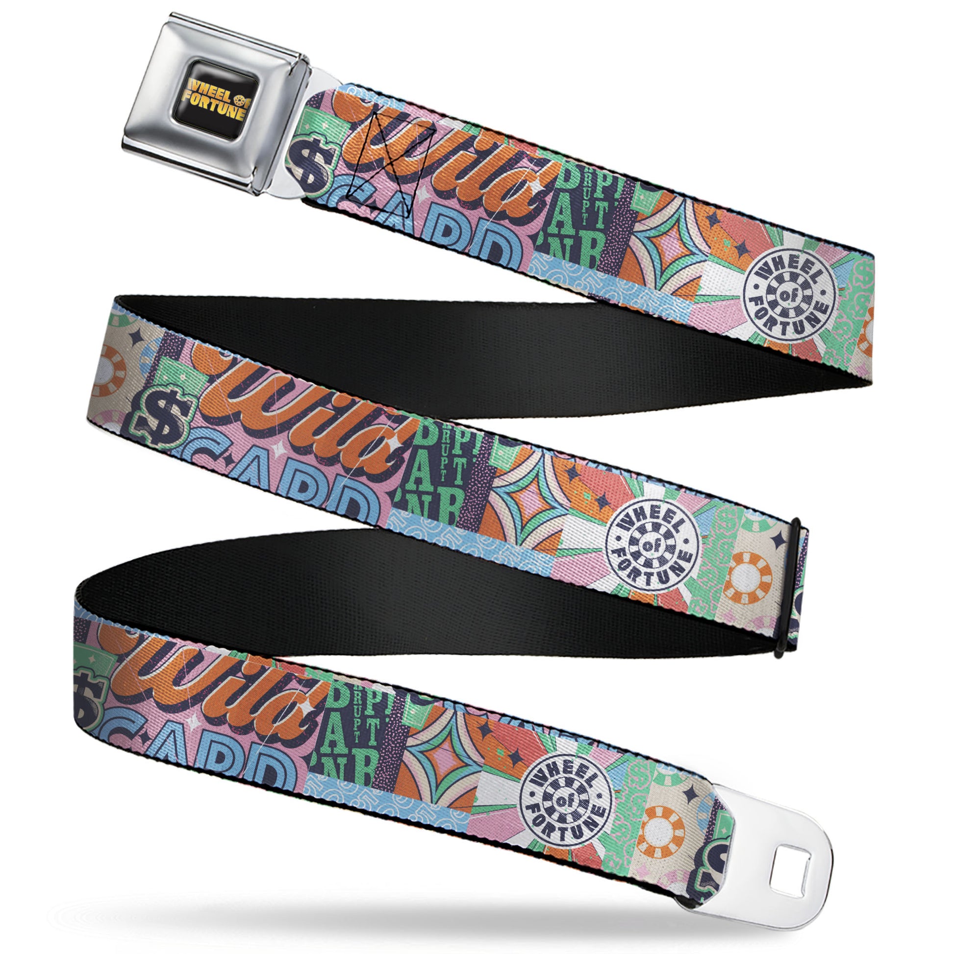 WHEEL OF FORTUNE Title Logo Full Color Black/Yellows Seatbelt Belt - WHEEL OF FORTUNE Logo and WILD CARD Collage Multi Color Webbing Seatbelt Belts Wheel of Fortune