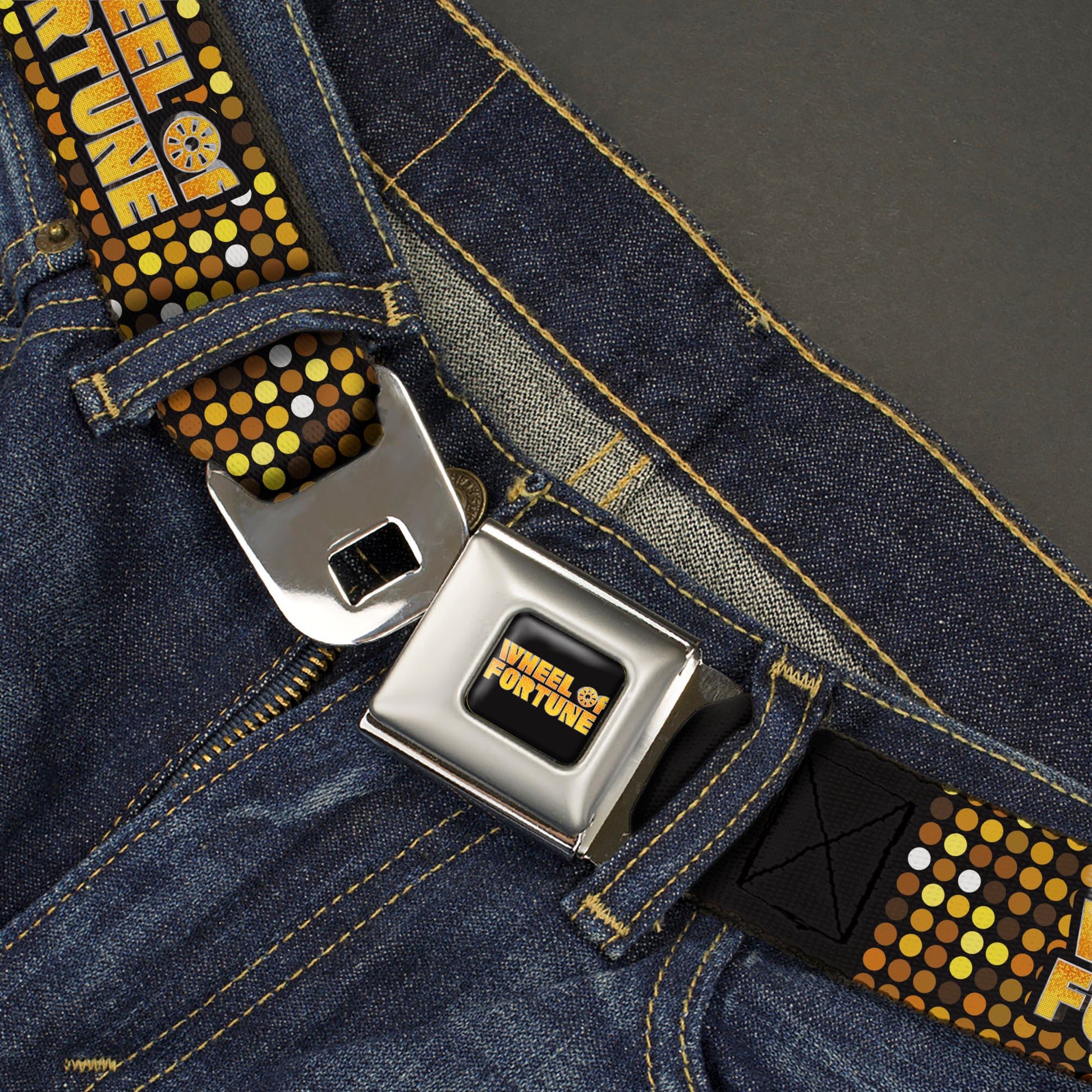 WHEEL OF FORTUNE Title Logo Full Color Black/Yellows Seatbelt Belt - WHEEL OF FORTUNE Title Logo Sequin Dots Black/Oranges/Yellow Webbing Seatbelt Belts Wheel of Fortune