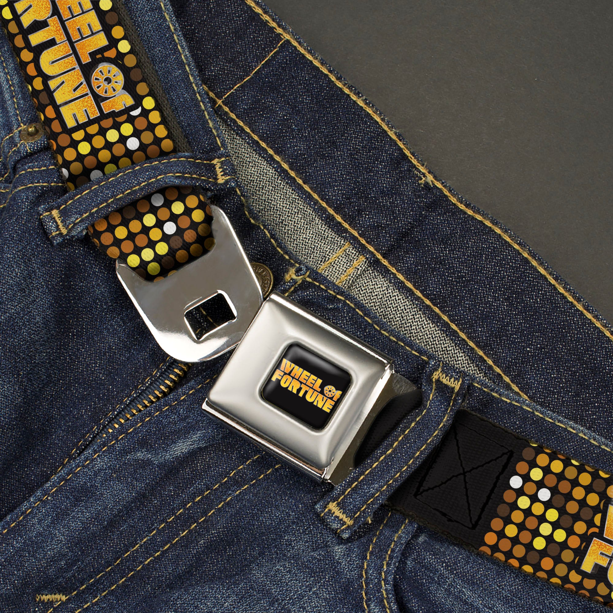 WHEEL OF FORTUNE Title Logo Full Color Black/Yellows Seatbelt Belt - WHEEL OF FORTUNE Title Logo Sequin Dots Black/Oranges/Yellow Webbing Seatbelt Belts Wheel of Fortune