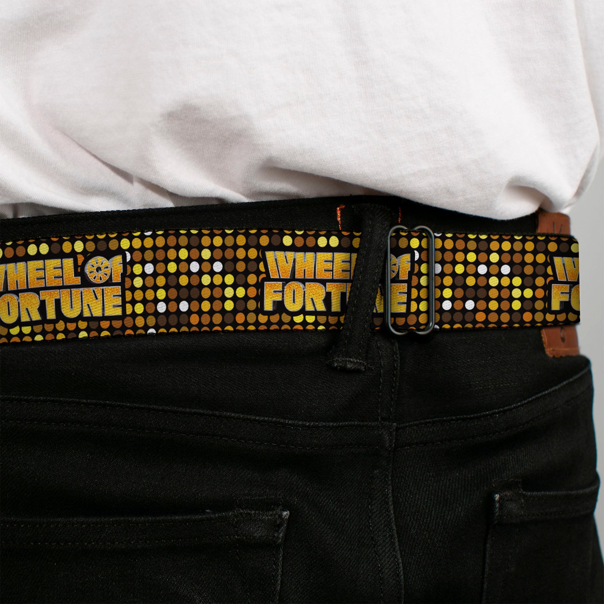 WHEEL OF FORTUNE Title Logo Full Color Black/Yellows Seatbelt Belt - WHEEL OF FORTUNE Title Logo Sequin Dots Black/Oranges/Yellow Webbing Seatbelt Belts Wheel of Fortune