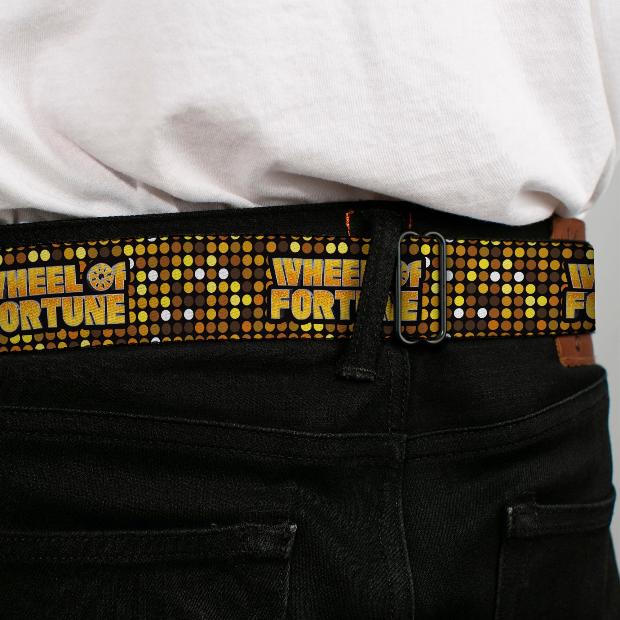 WHEEL OF FORTUNE Title Logo Full Color Black/Yellows Seatbelt Belt - WHEEL OF FORTUNE Title Logo Sequin Dots Black/Oranges/Yellow Webbing Seatbelt Belts Wheel of Fortune