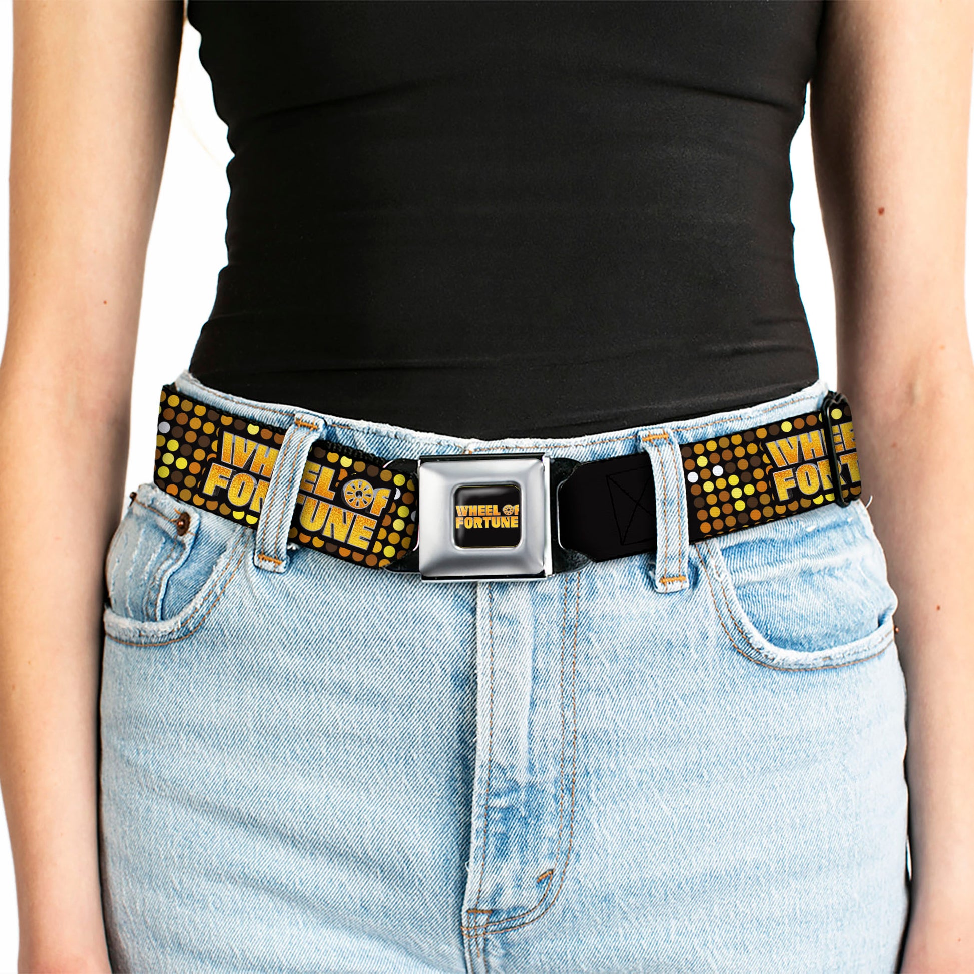 WHEEL OF FORTUNE Title Logo Full Color Black/Yellows Seatbelt Belt - WHEEL OF FORTUNE Title Logo Sequin Dots Black/Oranges/Yellow Webbing Seatbelt Belts Wheel of Fortune
