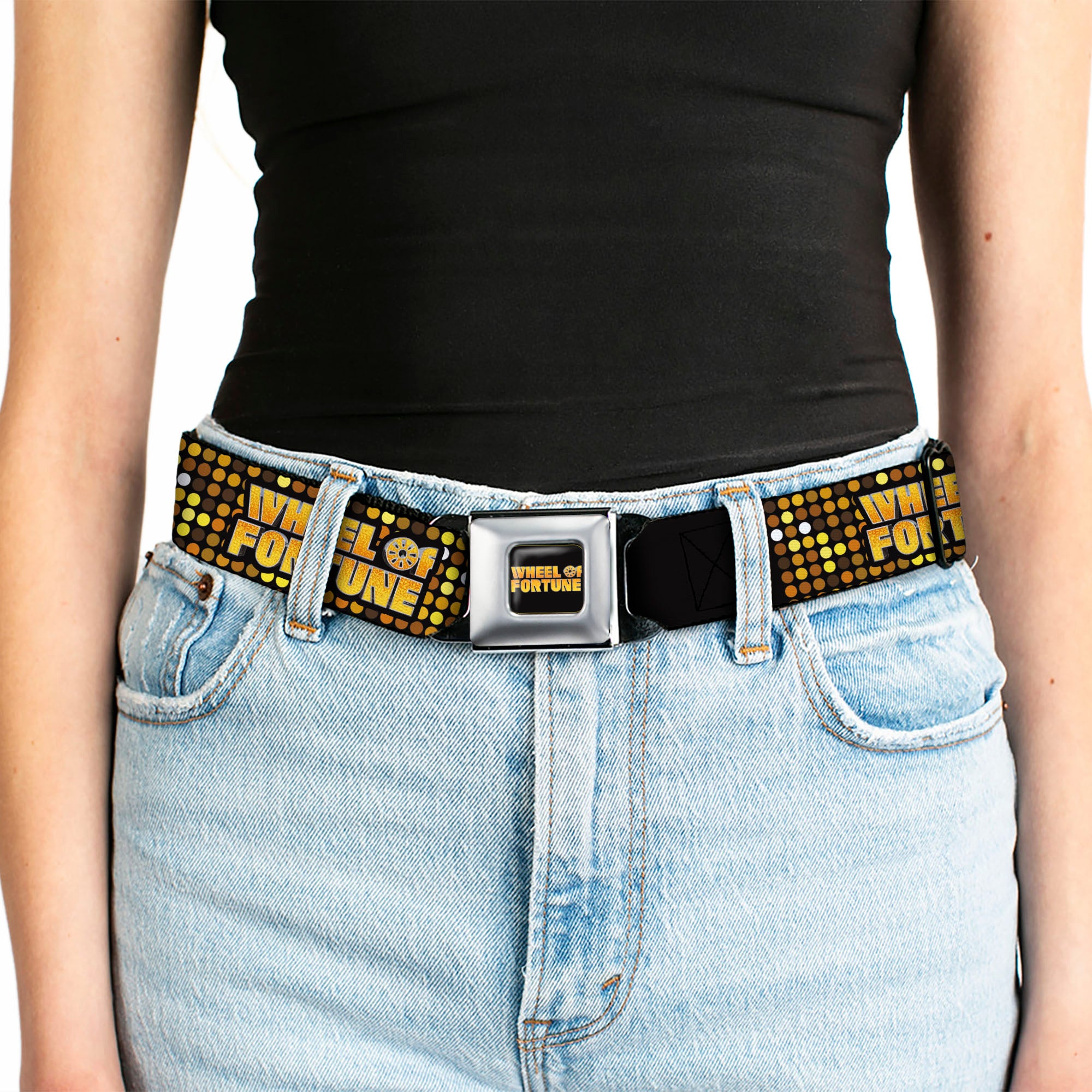 WHEEL OF FORTUNE Title Logo Full Color Black/Yellows Seatbelt Belt - WHEEL OF FORTUNE Title Logo Sequin Dots Black/Oranges/Yellow Webbing Seatbelt Belts Wheel of Fortune