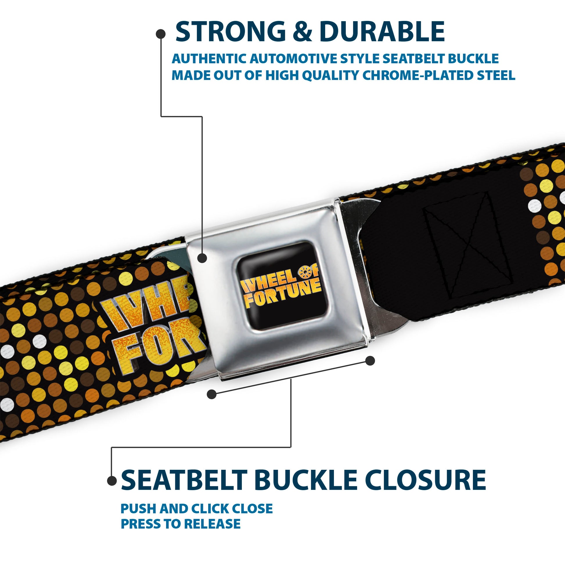 WHEEL OF FORTUNE Title Logo Full Color Black/Yellows Seatbelt Belt - WHEEL OF FORTUNE Title Logo Sequin Dots Black/Oranges/Yellow Webbing Seatbelt Belts Wheel of Fortune