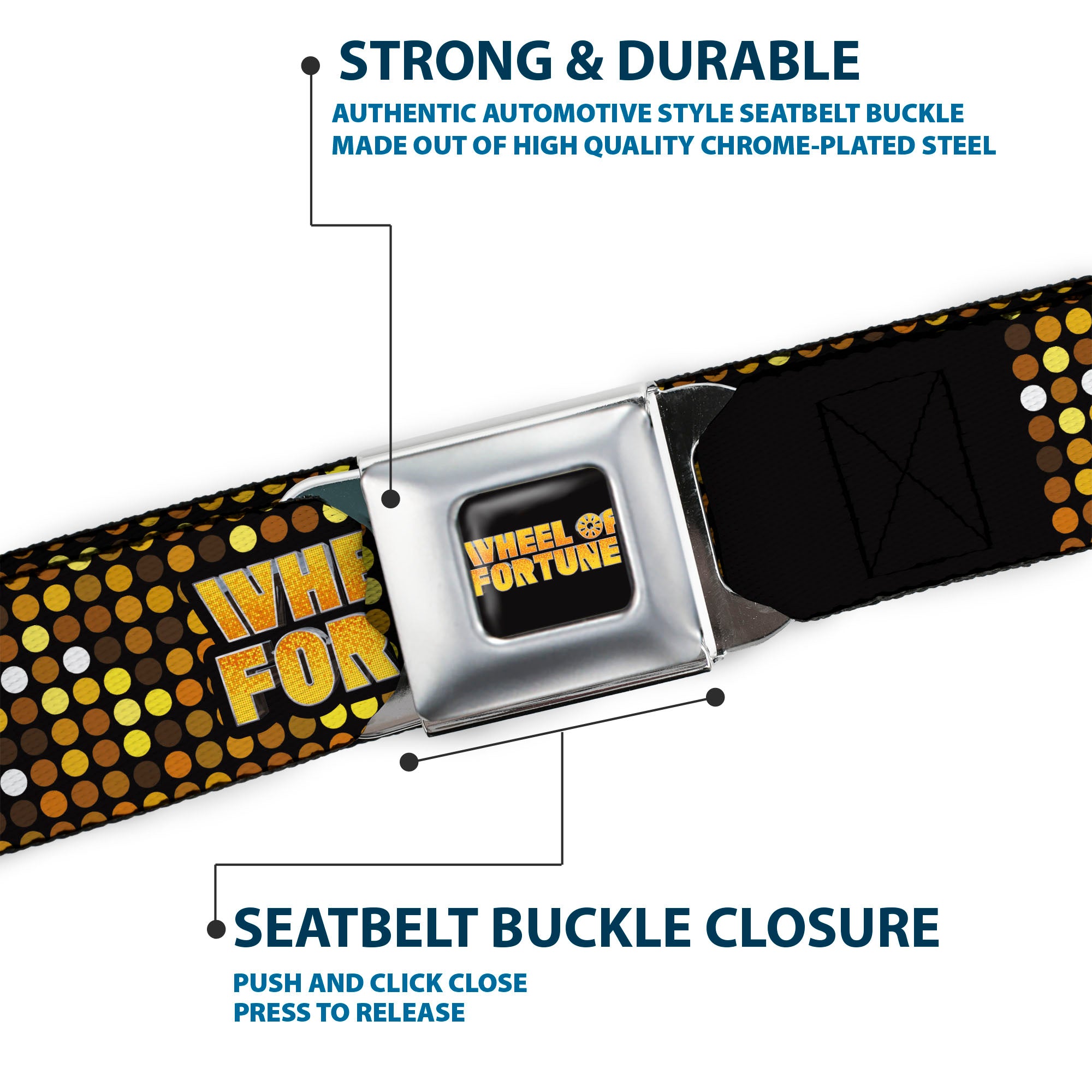 WHEEL OF FORTUNE Title Logo Full Color Black/Yellows Seatbelt Belt - WHEEL OF FORTUNE Title Logo Sequin Dots Black/Oranges/Yellow Webbing Seatbelt Belts Wheel of Fortune