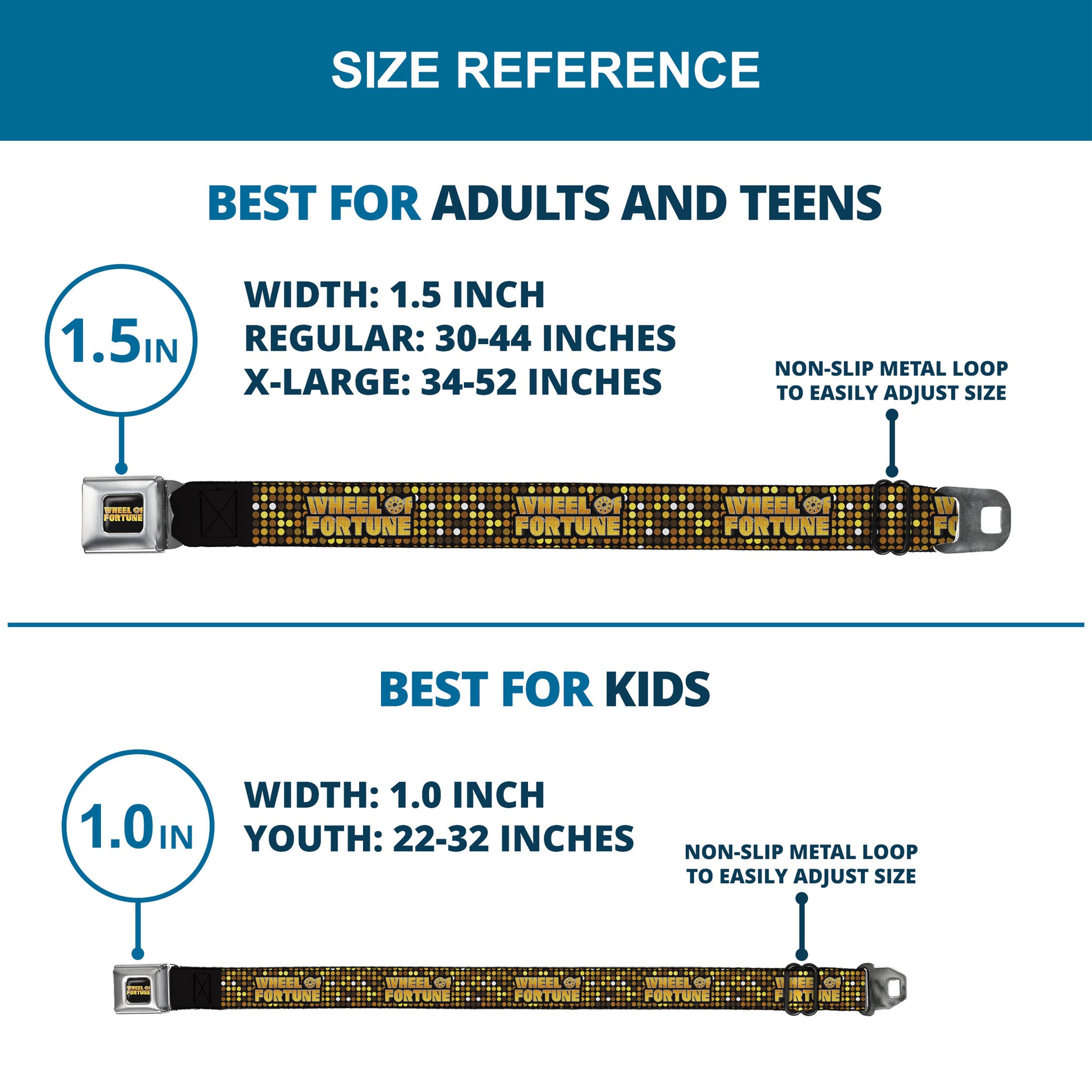 WHEEL OF FORTUNE Title Logo Full Color Black/Yellows Seatbelt Belt - WHEEL OF FORTUNE Title Logo Sequin Dots Black/Oranges/Yellow Webbing Seatbelt Belts Wheel of Fortune