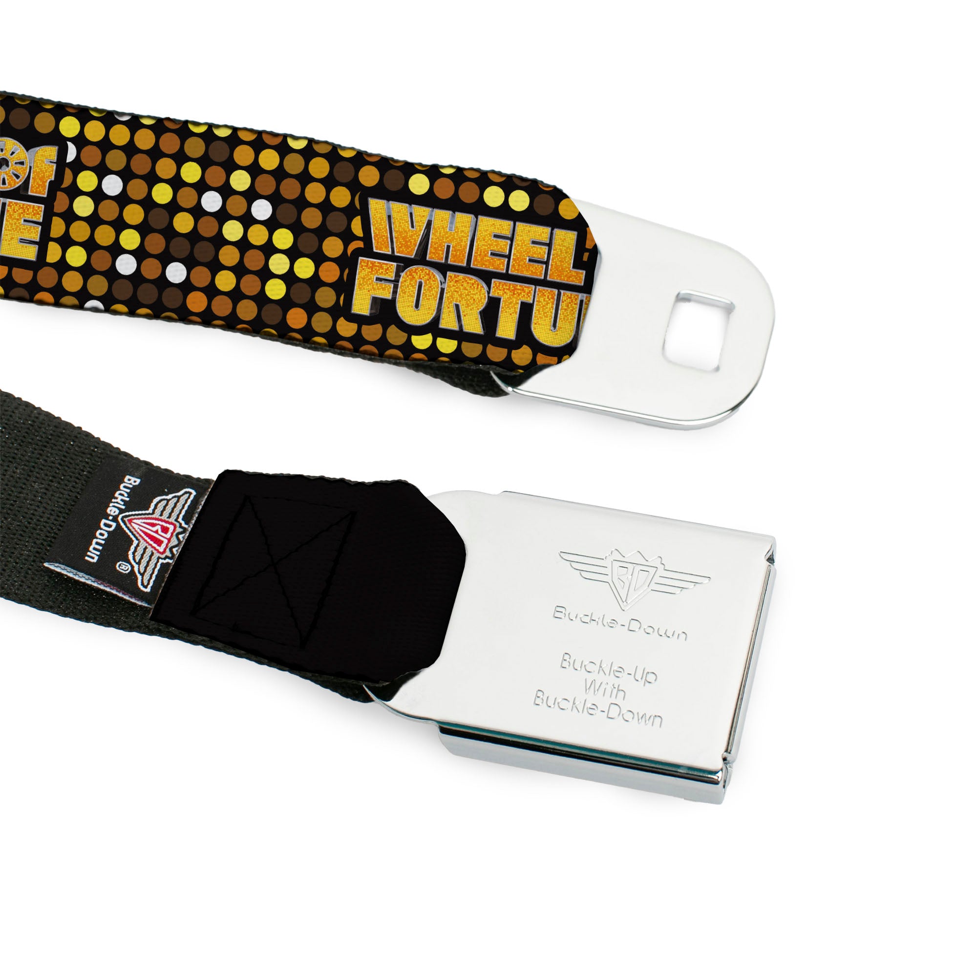 WHEEL OF FORTUNE Title Logo Full Color Black/Yellows Seatbelt Belt - WHEEL OF FORTUNE Title Logo Sequin Dots Black/Oranges/Yellow Webbing Seatbelt Belts Wheel of Fortune
