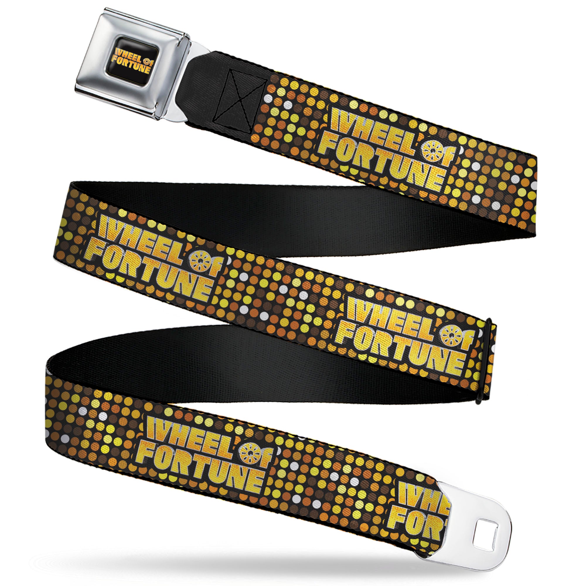 WHEEL OF FORTUNE Title Logo Full Color Black/Yellows Seatbelt Belt - WHEEL OF FORTUNE Title Logo Sequin Dots Black/Oranges/Yellow Webbing Seatbelt Belts Wheel of Fortune