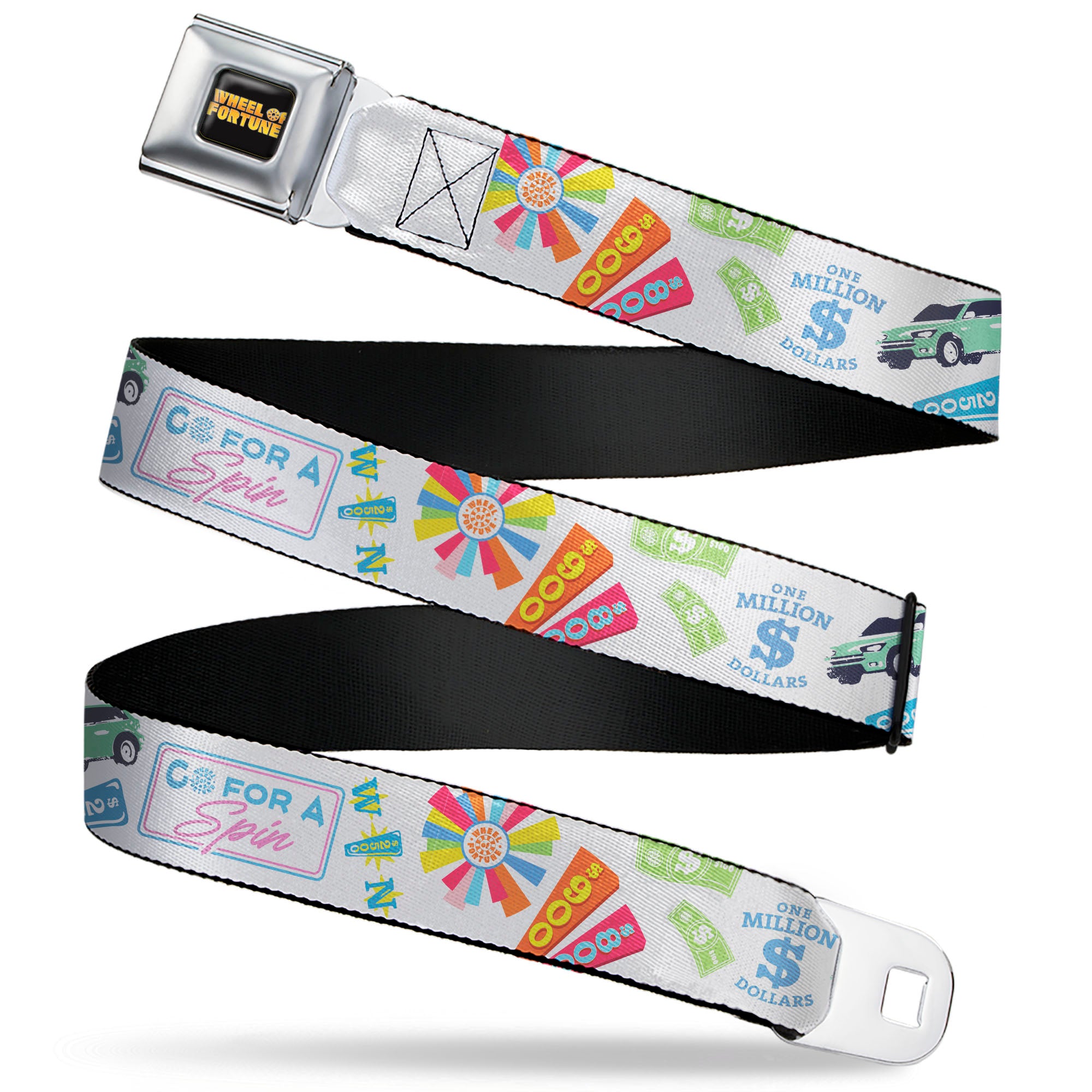 WHEEL OF FORTUNE Title Logo Full Color Black/Yellows Seatbelt Belt - Wheel of Fortune GO FOR A SPIN Prize Collage White/Multi Color Webbing Seatbelt Belts Wheel of Fortune