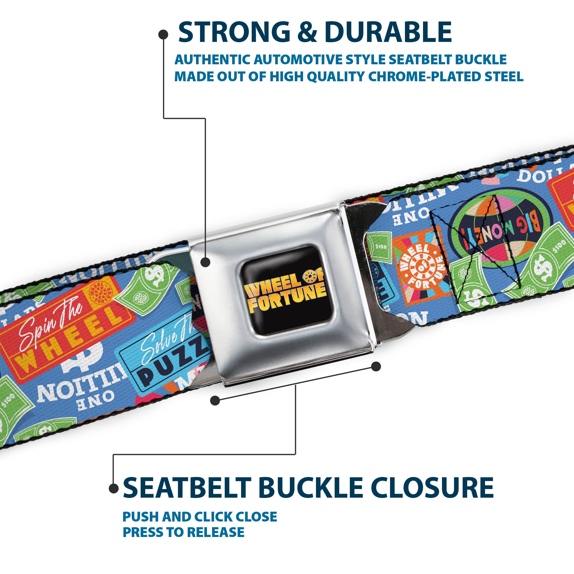 WHEEL OF FORTUNE Title Logo Full Color Black/Yellows Seatbelt Belt - Wheel of Fortune Quotes and Prizes Collage Blue/Multi Color Webbing Seatbelt Belts Wheel of Fortune