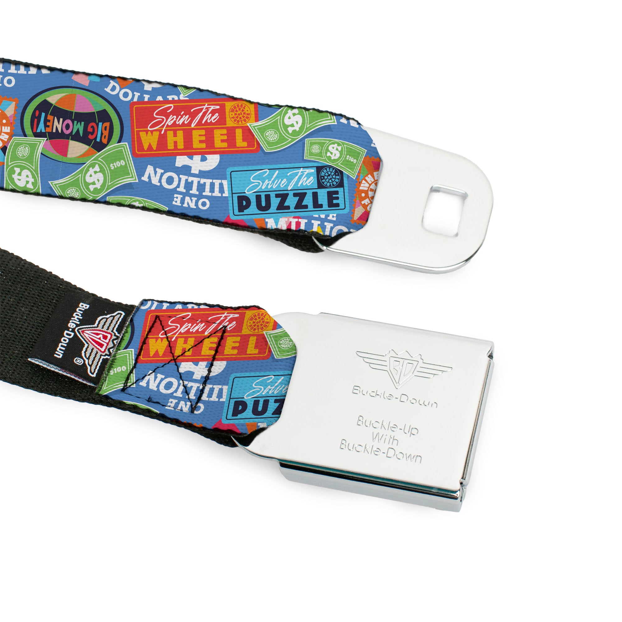 WHEEL OF FORTUNE Title Logo Full Color Black/Yellows Seatbelt Belt - Wheel of Fortune Quotes and Prizes Collage Blue/Multi Color Webbing Seatbelt Belts Wheel of Fortune