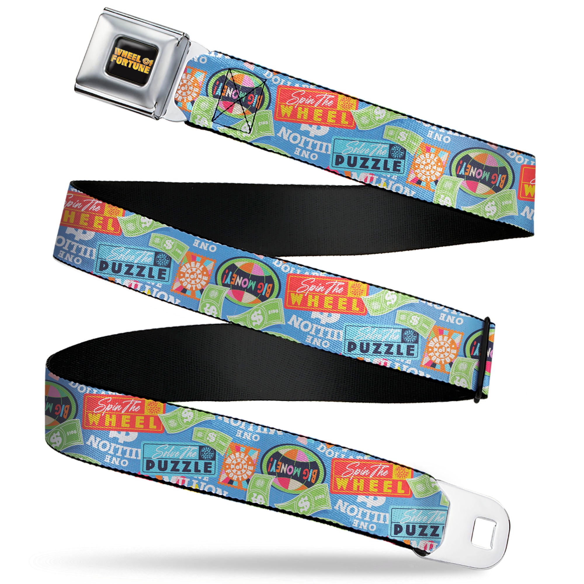 WHEEL OF FORTUNE Title Logo Full Color Black/Yellows Seatbelt Belt - Wheel of Fortune Quotes and Prizes Collage Blue/Multi Color Webbing Seatbelt Belts Wheel of Fortune