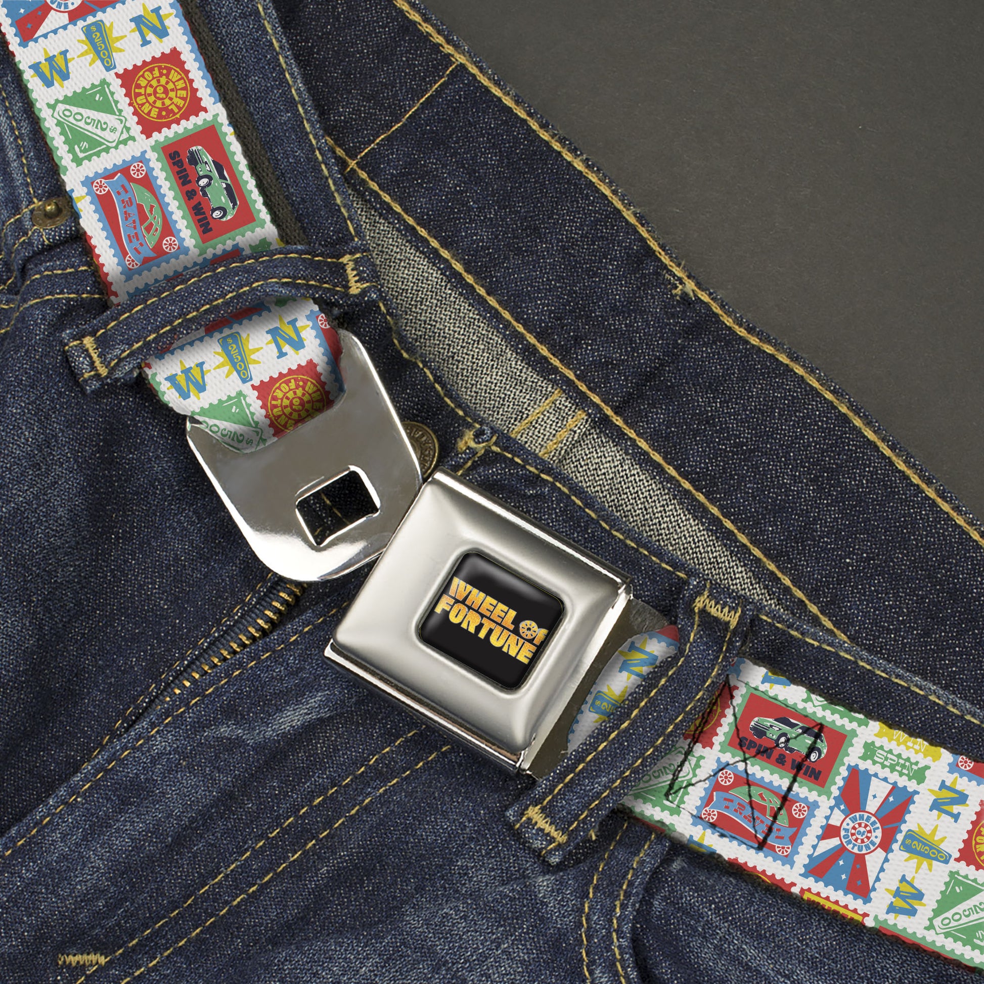 WHEEL OF FORTUNE Title Logo Full Color Black/Yellows Seatbelt Belt - Wheel of Fortune Prize Blocks Collage White/Multi Color Webbing Seatbelt Belts Wheel of Fortune
