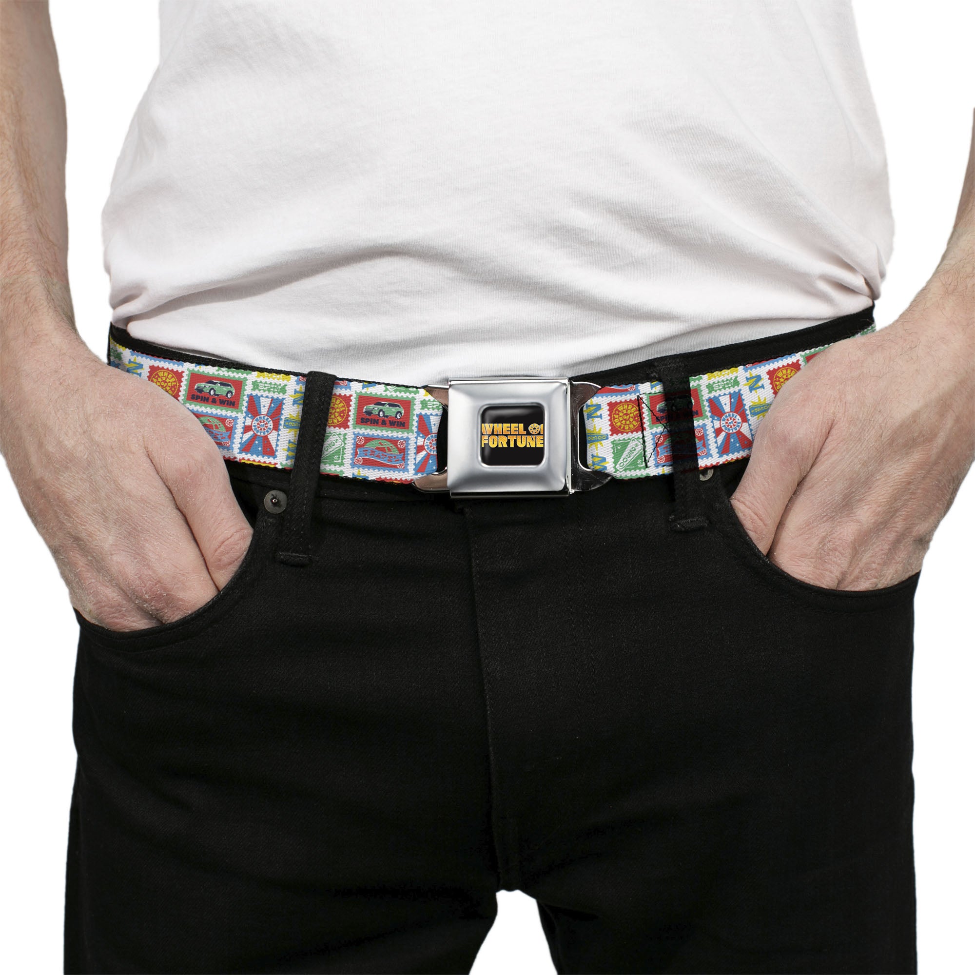 WHEEL OF FORTUNE Title Logo Full Color Black/Yellows Seatbelt Belt - Wheel of Fortune Prize Blocks Collage White/Multi Color Webbing Seatbelt Belts Wheel of Fortune