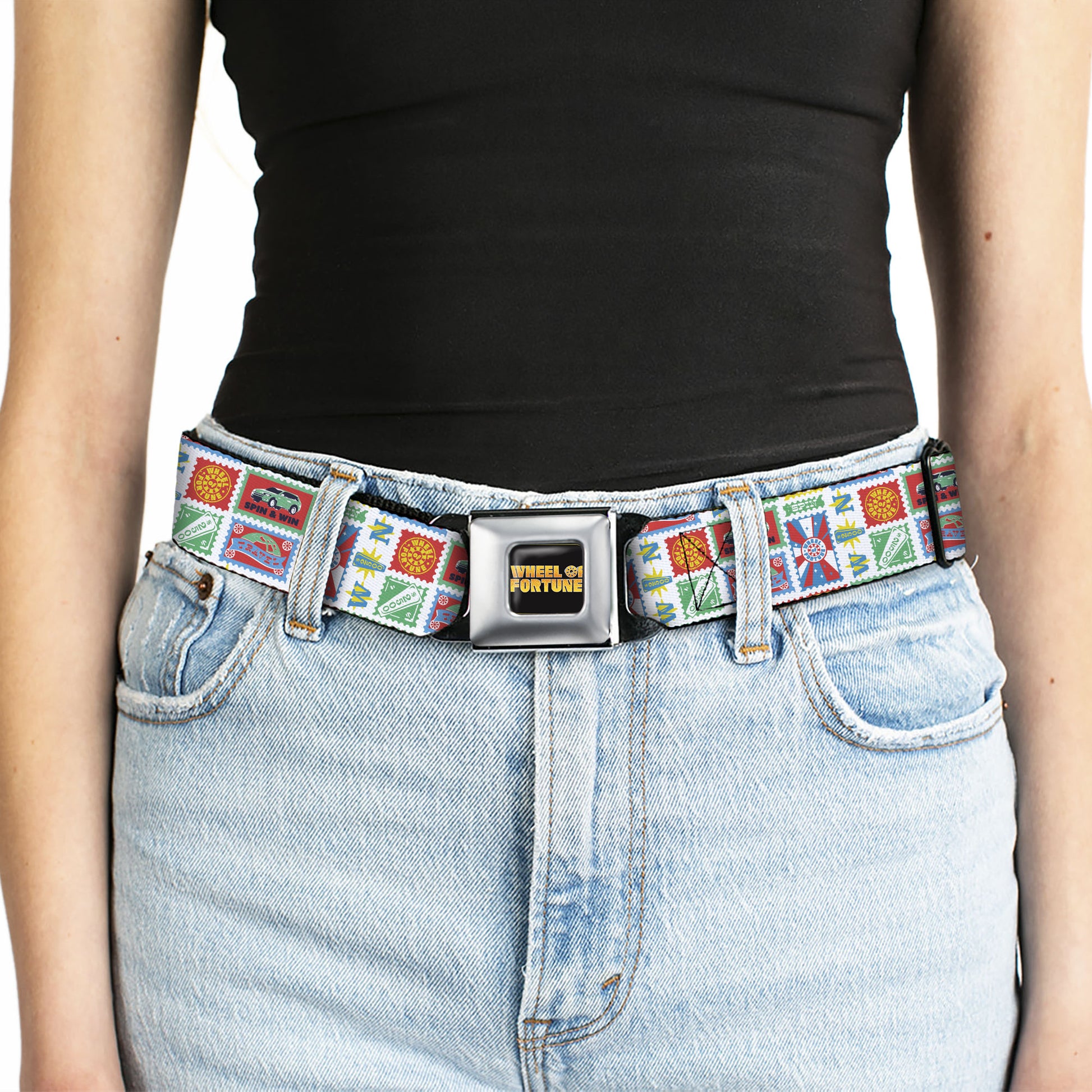 WHEEL OF FORTUNE Title Logo Full Color Black/Yellows Seatbelt Belt - Wheel of Fortune Prize Blocks Collage White/Multi Color Webbing Seatbelt Belts Wheel of Fortune