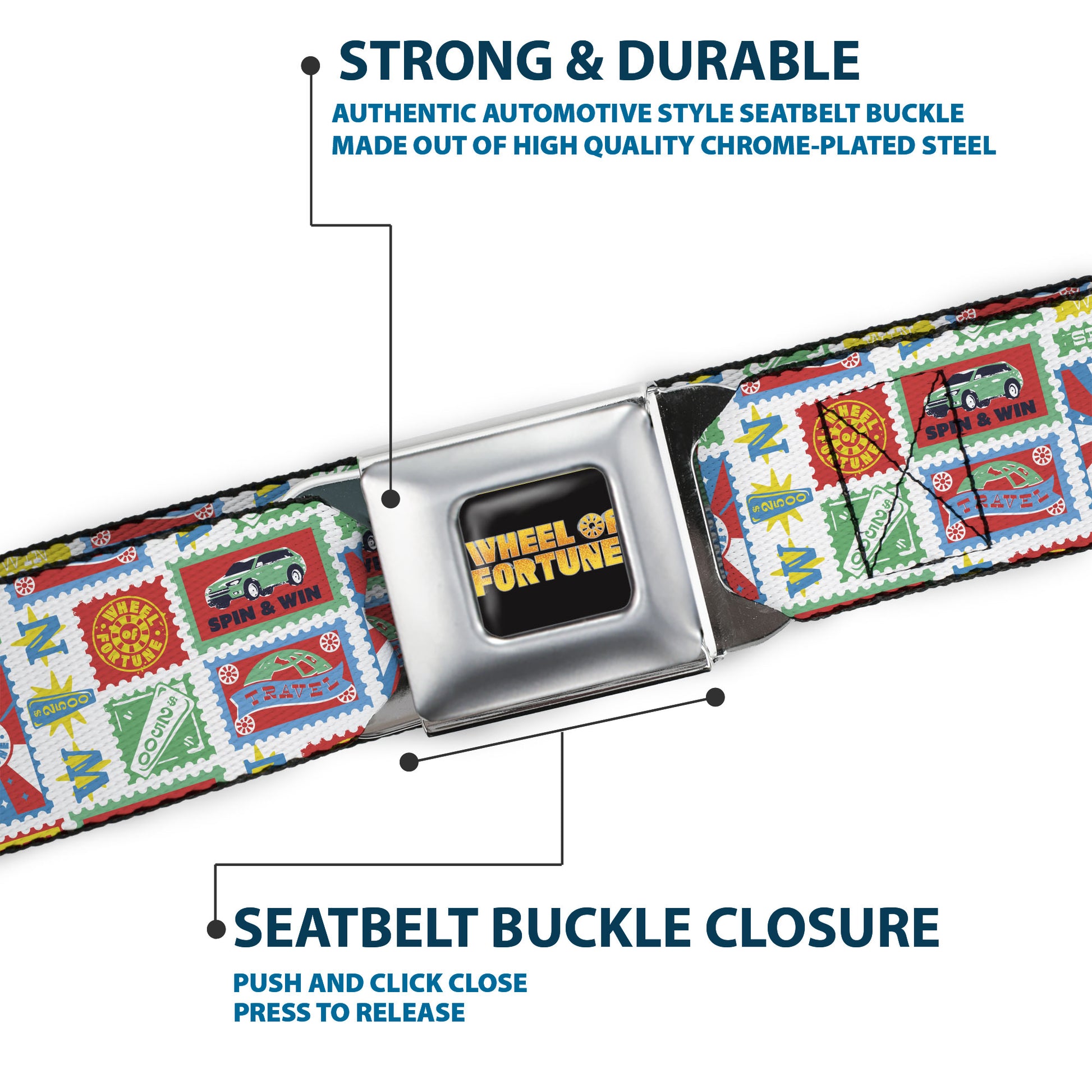 WHEEL OF FORTUNE Title Logo Full Color Black/Yellows Seatbelt Belt - Wheel of Fortune Prize Blocks Collage White/Multi Color Webbing Seatbelt Belts Wheel of Fortune