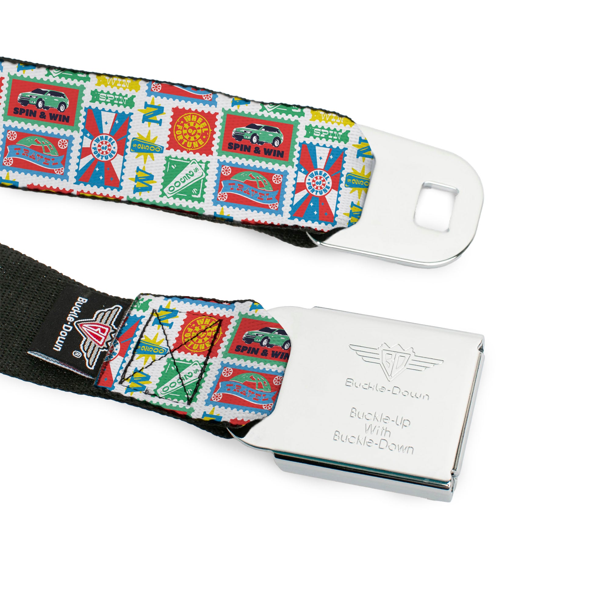 WHEEL OF FORTUNE Title Logo Full Color Black/Yellows Seatbelt Belt - Wheel of Fortune Prize Blocks Collage White/Multi Color Webbing Seatbelt Belts Wheel of Fortune