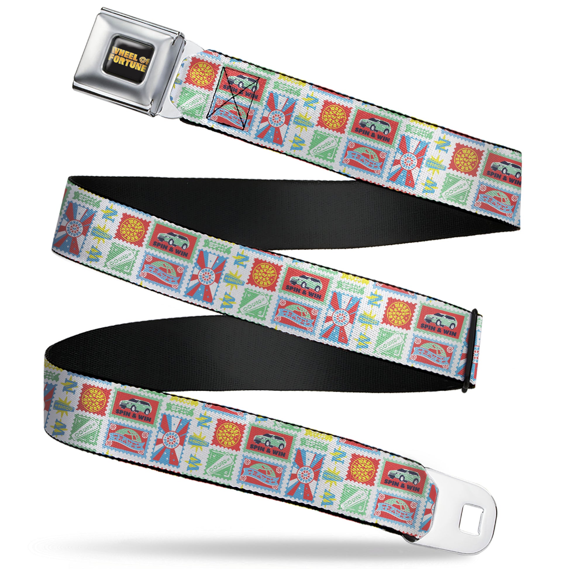 WHEEL OF FORTUNE Title Logo Full Color Black/Yellows Seatbelt Belt - Wheel of Fortune Prize Blocks Collage White/Multi Color Webbing Seatbelt Belts Wheel of Fortune