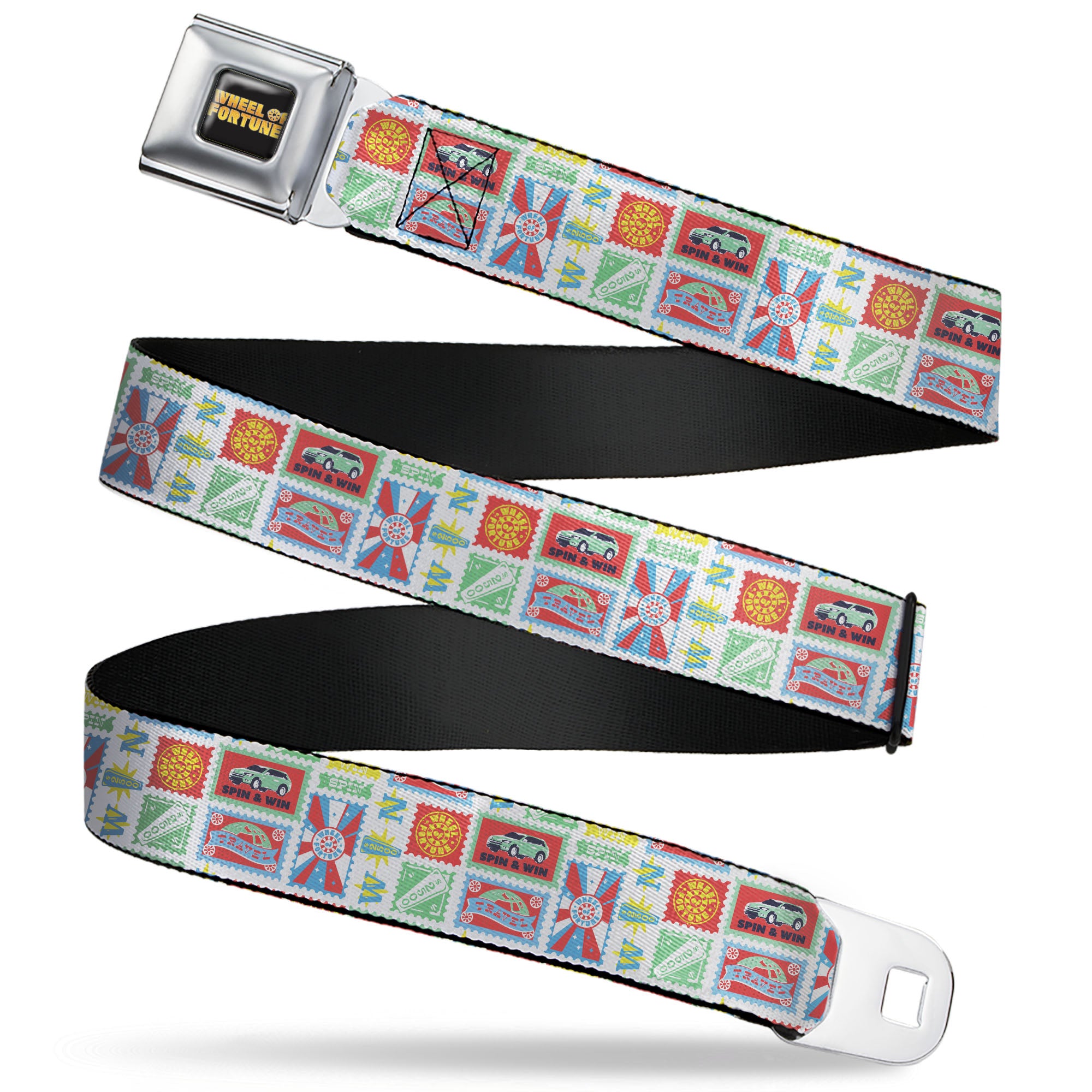 WHEEL OF FORTUNE Title Logo Full Color Black/Yellows Seatbelt Belt - Wheel of Fortune Prize Blocks Collage White/Multi Color Webbing Seatbelt Belts Wheel of Fortune