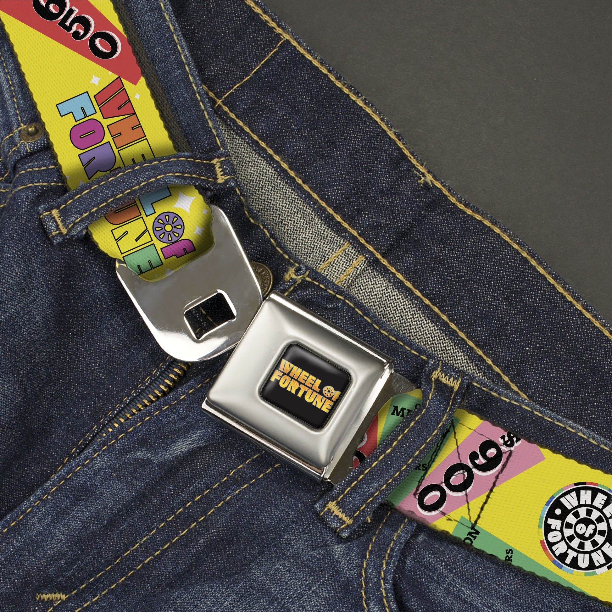 WHEEL OF FORTUNE Title Logo Full Color Black/Yellows Seatbelt Belt - WHEEL OF FORTUNE Test and Wedge Collage Yellow/Multi Color Webbing Seatbelt Belts Wheel of Fortune