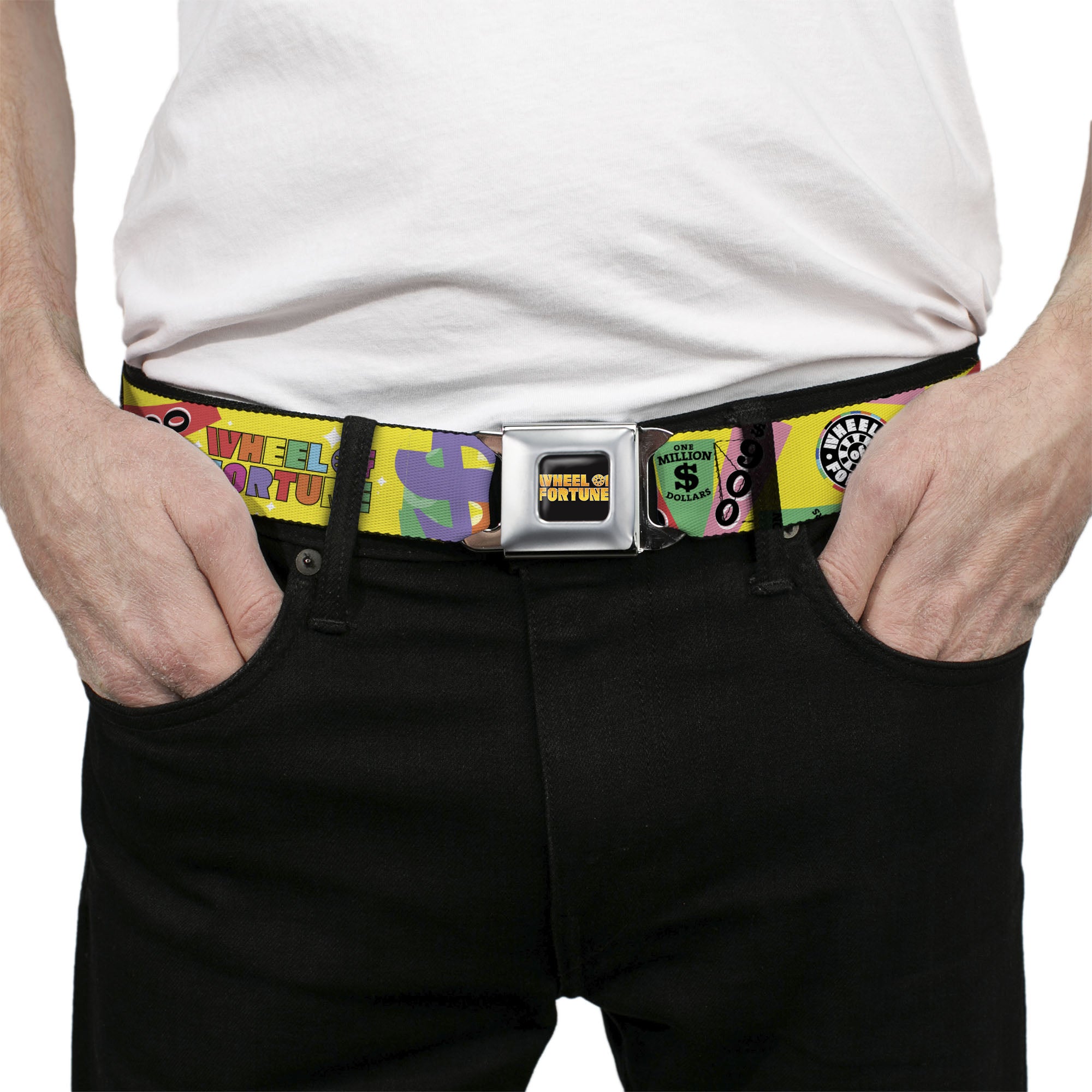 WHEEL OF FORTUNE Title Logo Full Color Black/Yellows Seatbelt Belt - WHEEL OF FORTUNE Test and Wedge Collage Yellow/Multi Color Webbing Seatbelt Belts Wheel of Fortune