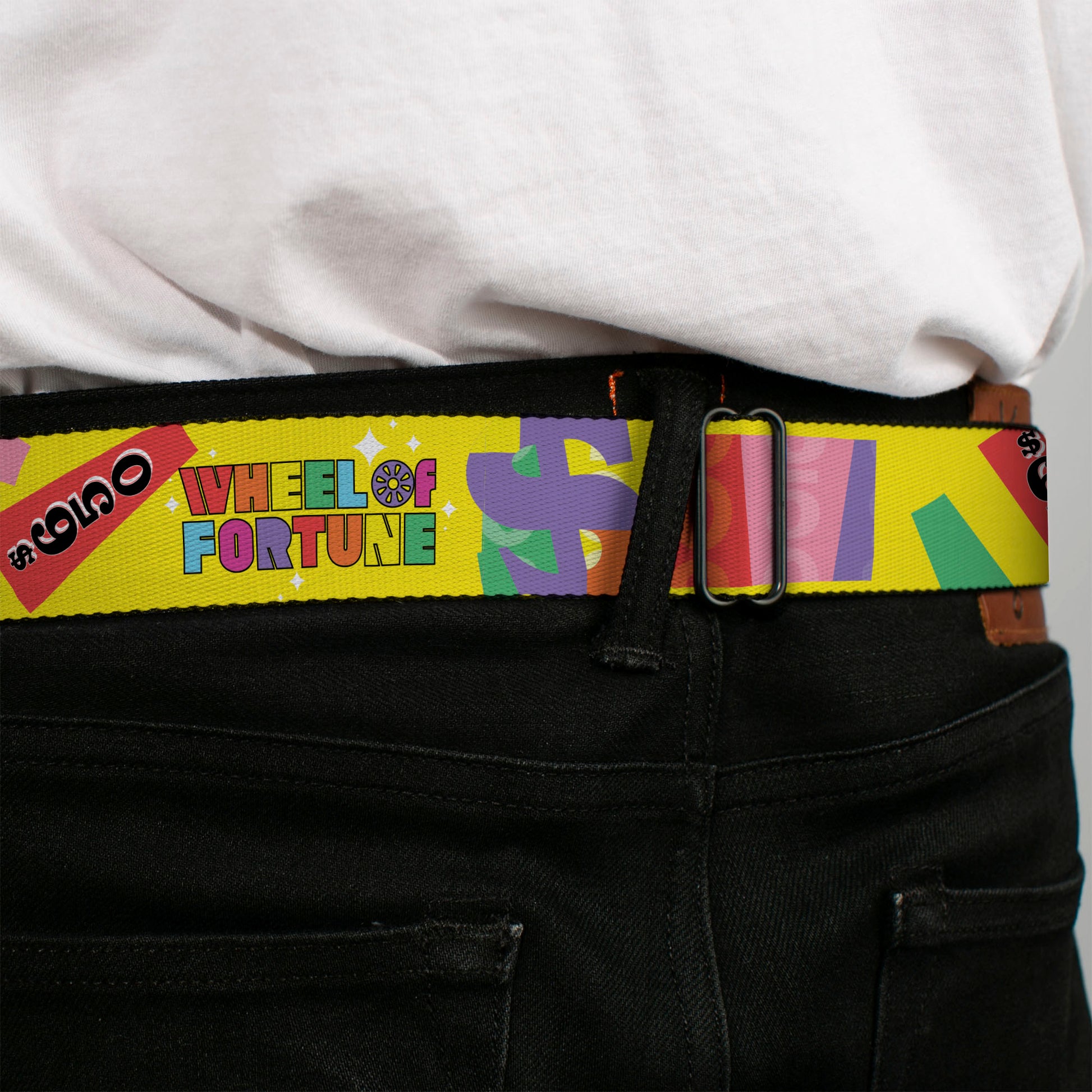 WHEEL OF FORTUNE Title Logo Full Color Black/Yellows Seatbelt Belt - WHEEL OF FORTUNE Test and Wedge Collage Yellow/Multi Color Webbing Seatbelt Belts Wheel of Fortune