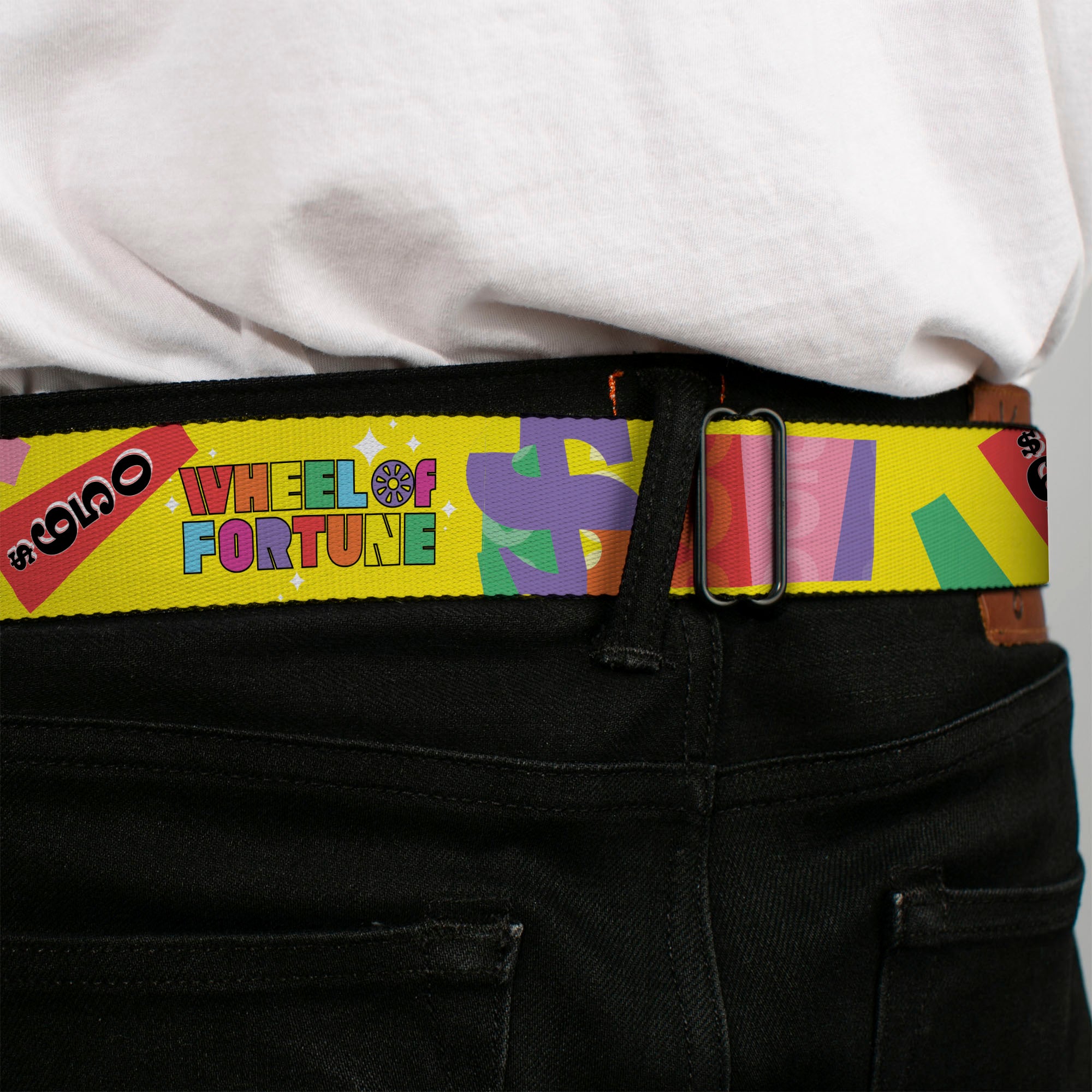 WHEEL OF FORTUNE Title Logo Full Color Black/Yellows Seatbelt Belt - WHEEL OF FORTUNE Test and Wedge Collage Yellow/Multi Color Webbing Seatbelt Belts Wheel of Fortune