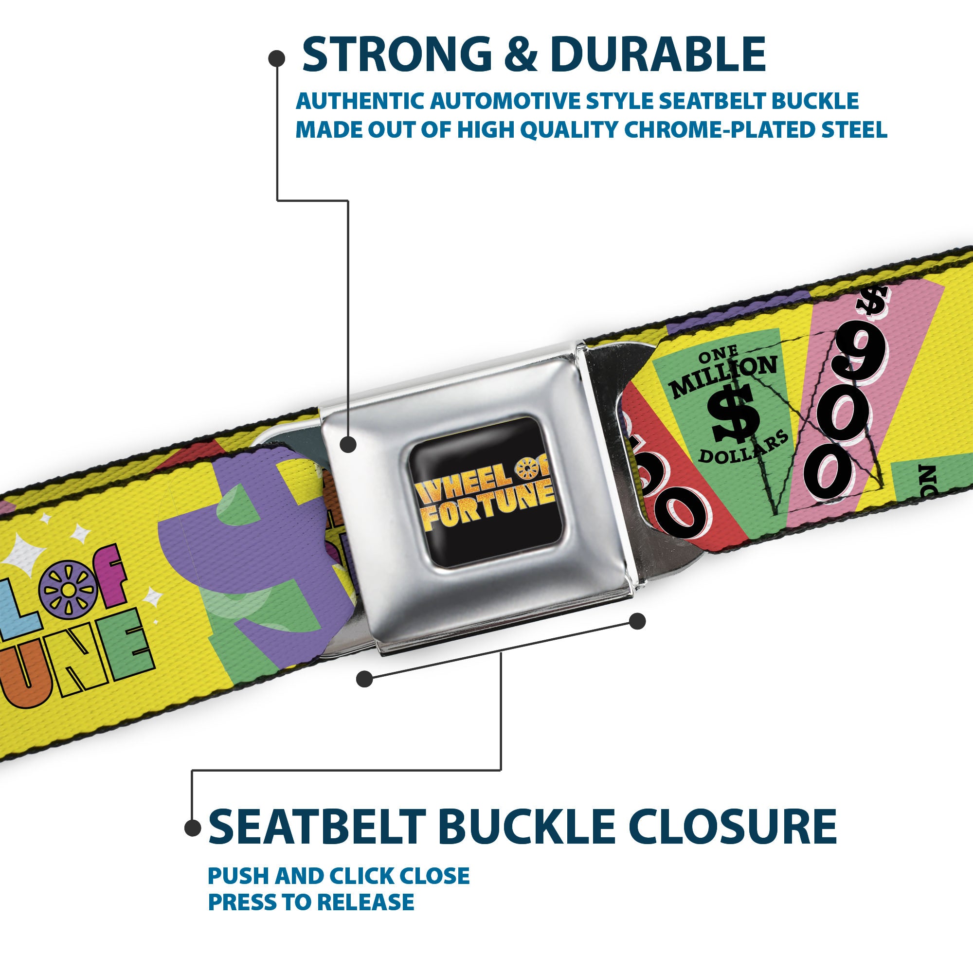 WHEEL OF FORTUNE Title Logo Full Color Black/Yellows Seatbelt Belt - WHEEL OF FORTUNE Test and Wedge Collage Yellow/Multi Color Webbing Seatbelt Belts Wheel of Fortune