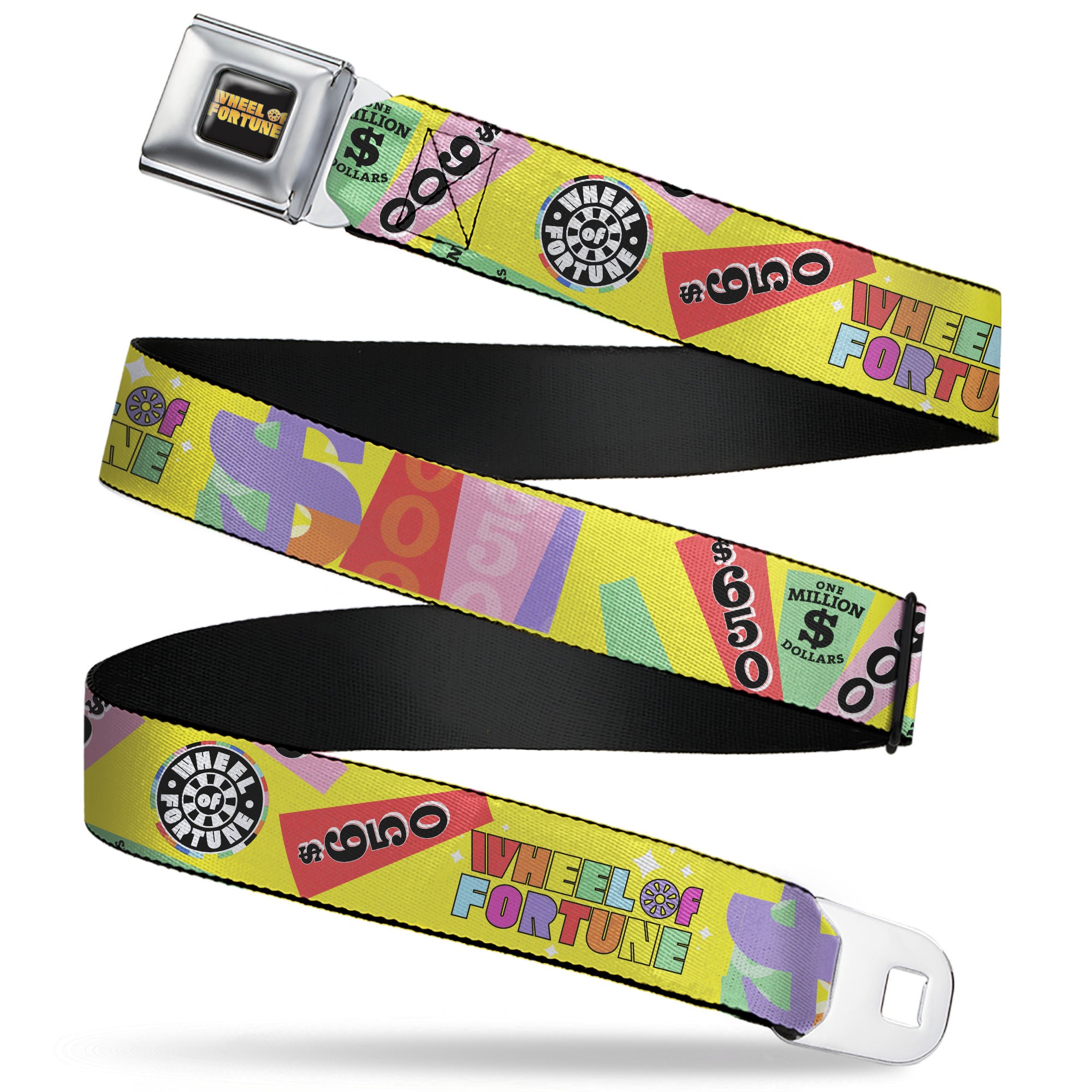 WHEEL OF FORTUNE Title Logo Full Color Black/Yellows Seatbelt Belt - WHEEL OF FORTUNE Test and Wedge Collage Yellow/Multi Color Webbing Seatbelt Belts Wheel of Fortune