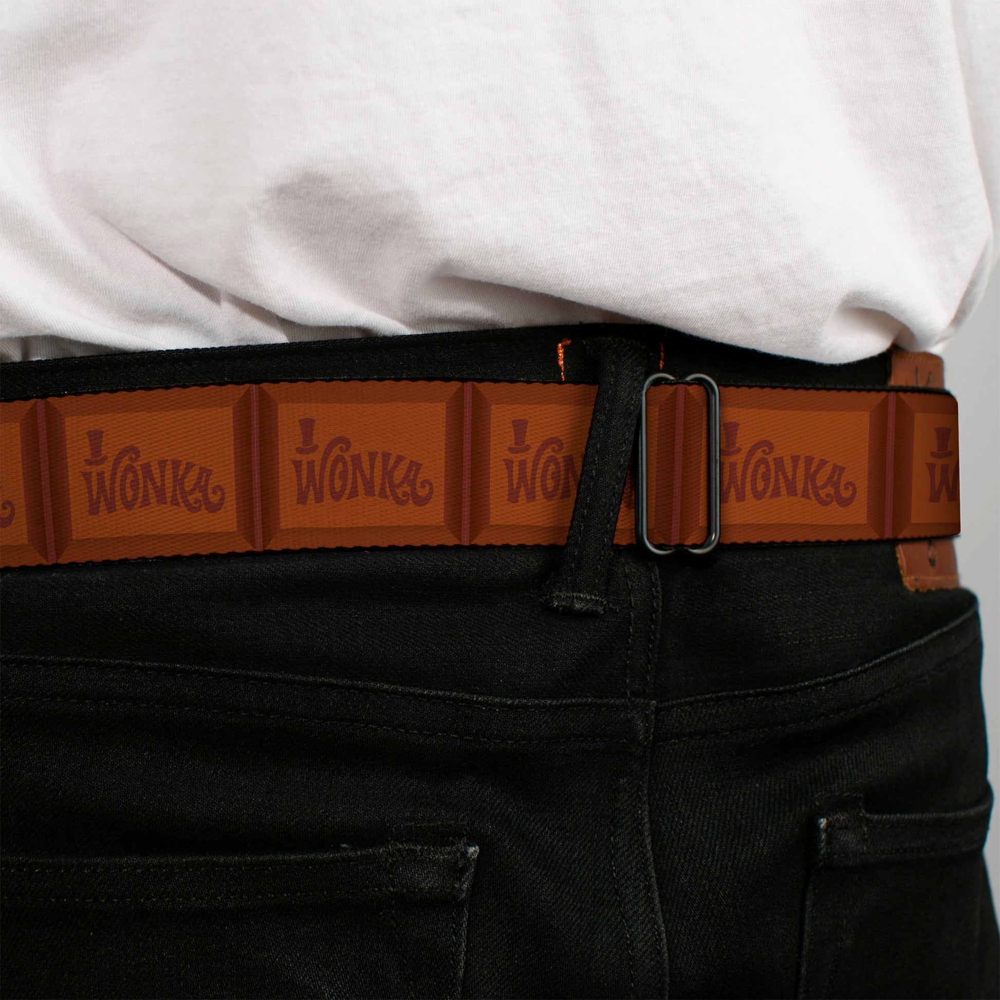 Willy Wonka and the Chocolate Factory WONKA BAR Logo Full Color Brown/Yellow/White Seatbelt Belt - Willy Wonka and the Chocolate Factory WONKA Chocolate Bar Browns Webbing Seatbelt Belts Willy Wonka and the Chocolate Factory